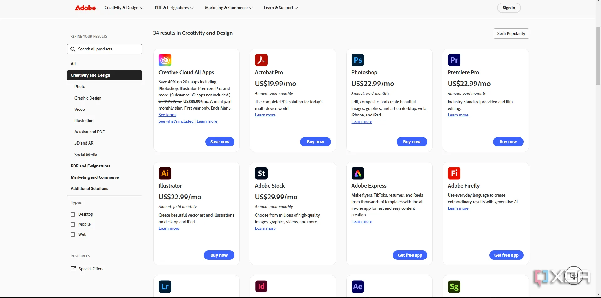 Bộ phần mềm Adobe Creative Cloud và các gói dịch vụ, minh họa tính nhất quán trong hệ sinh thái