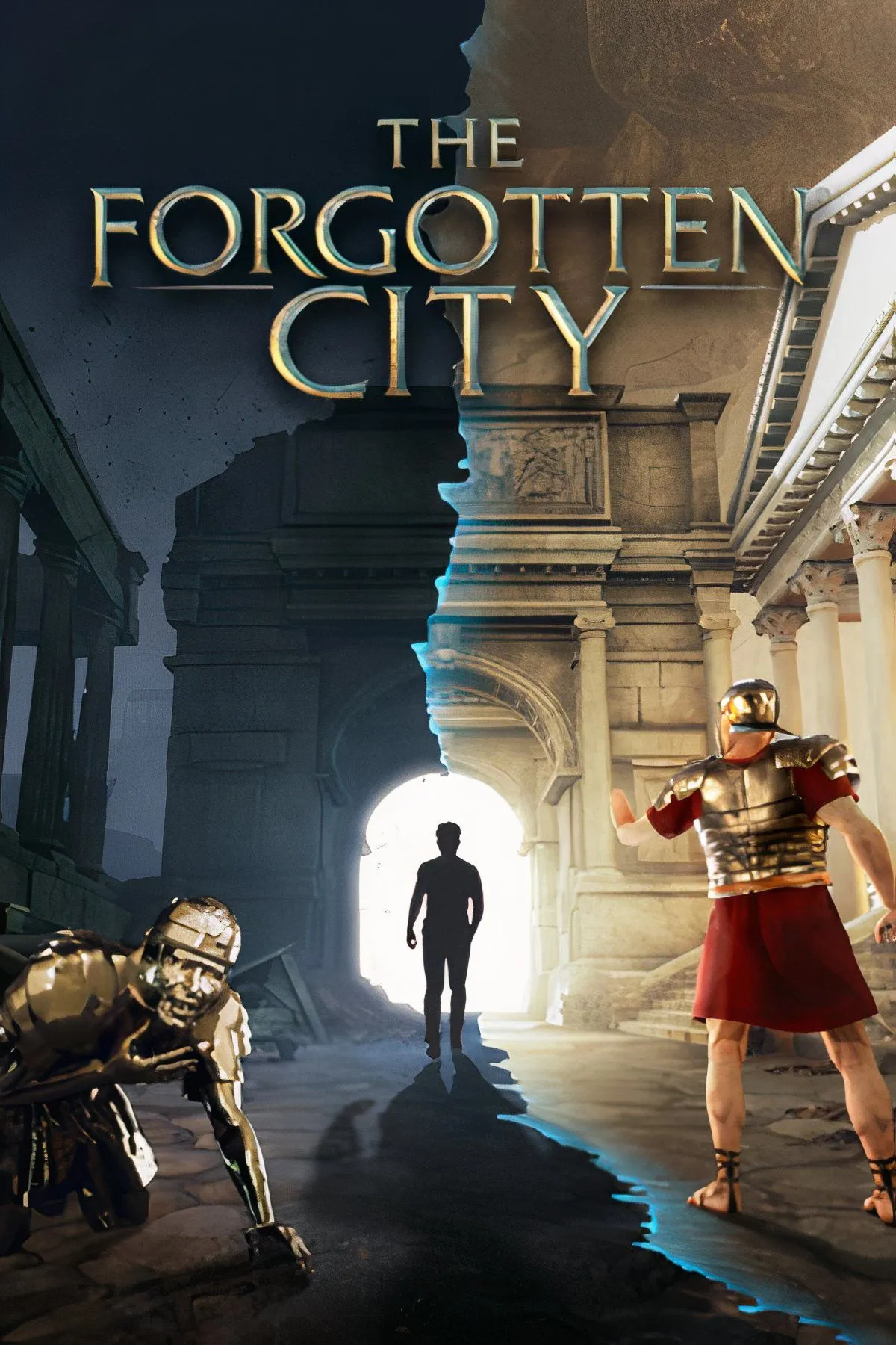 Bối cảnh thành phố cổ đại với những bức tượng vàng trong game The Forgotten City