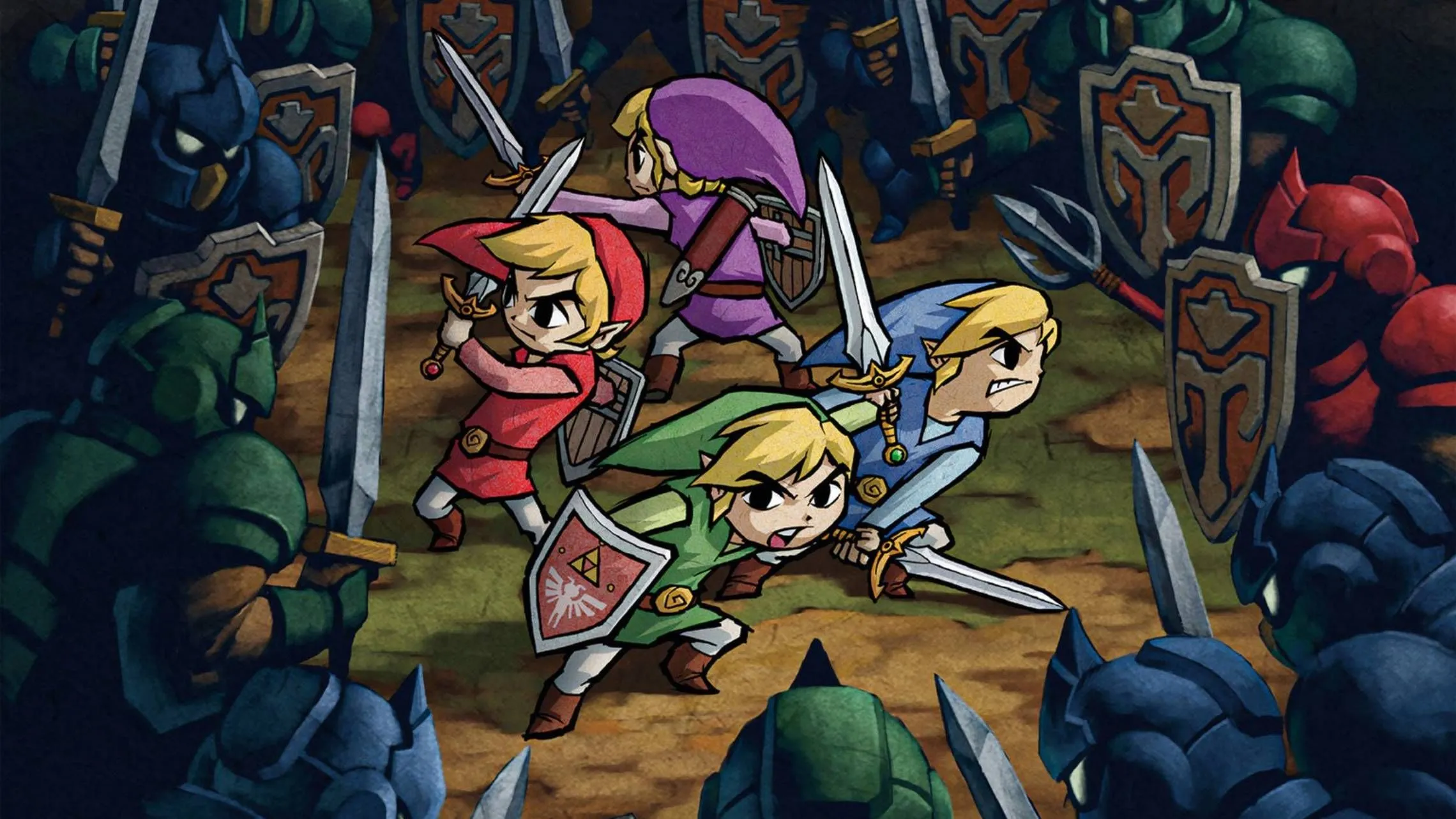 Bốn Link cùng chiến đấu với kẻ thù trong The Legend of Zelda Four Swords Adventure