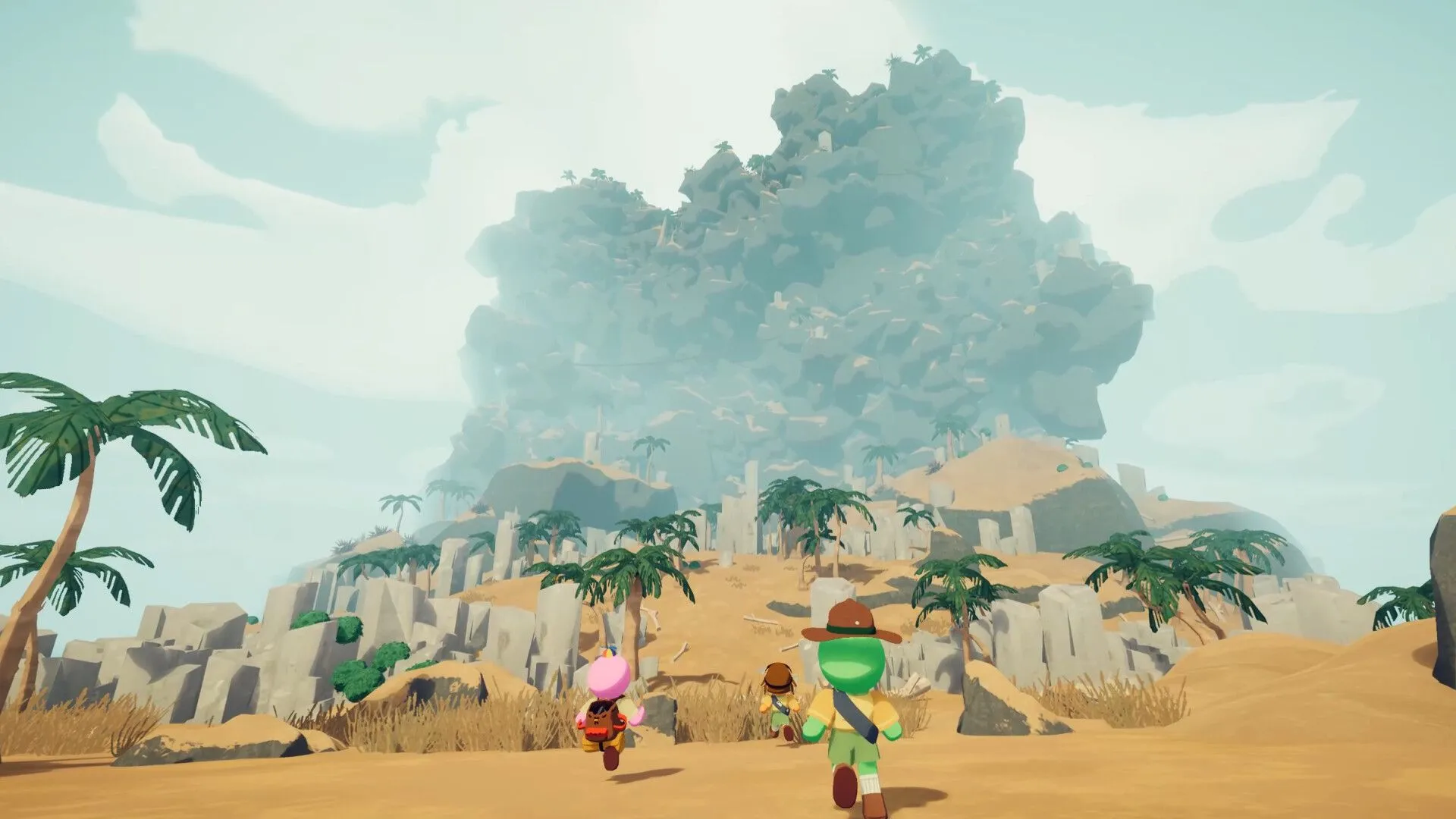 Bốn người chơi game Peak cùng hướng về ngọn núi, thể hiện tinh thần co-op