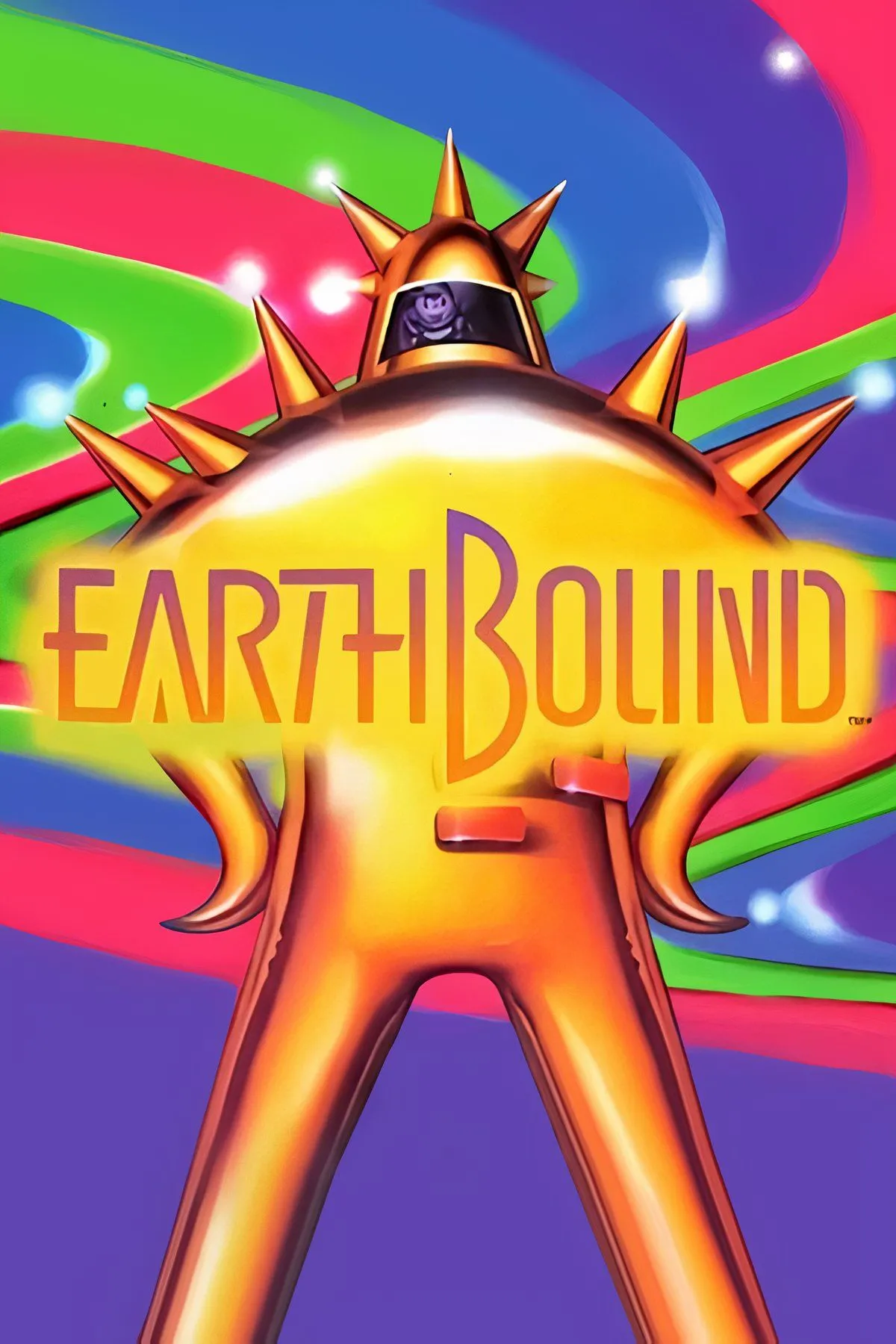 Bốn nhân vật chính của game Earthbound, Ness và bạn bè của mình, đứng trước một khung cảnh thành phố hiện đại