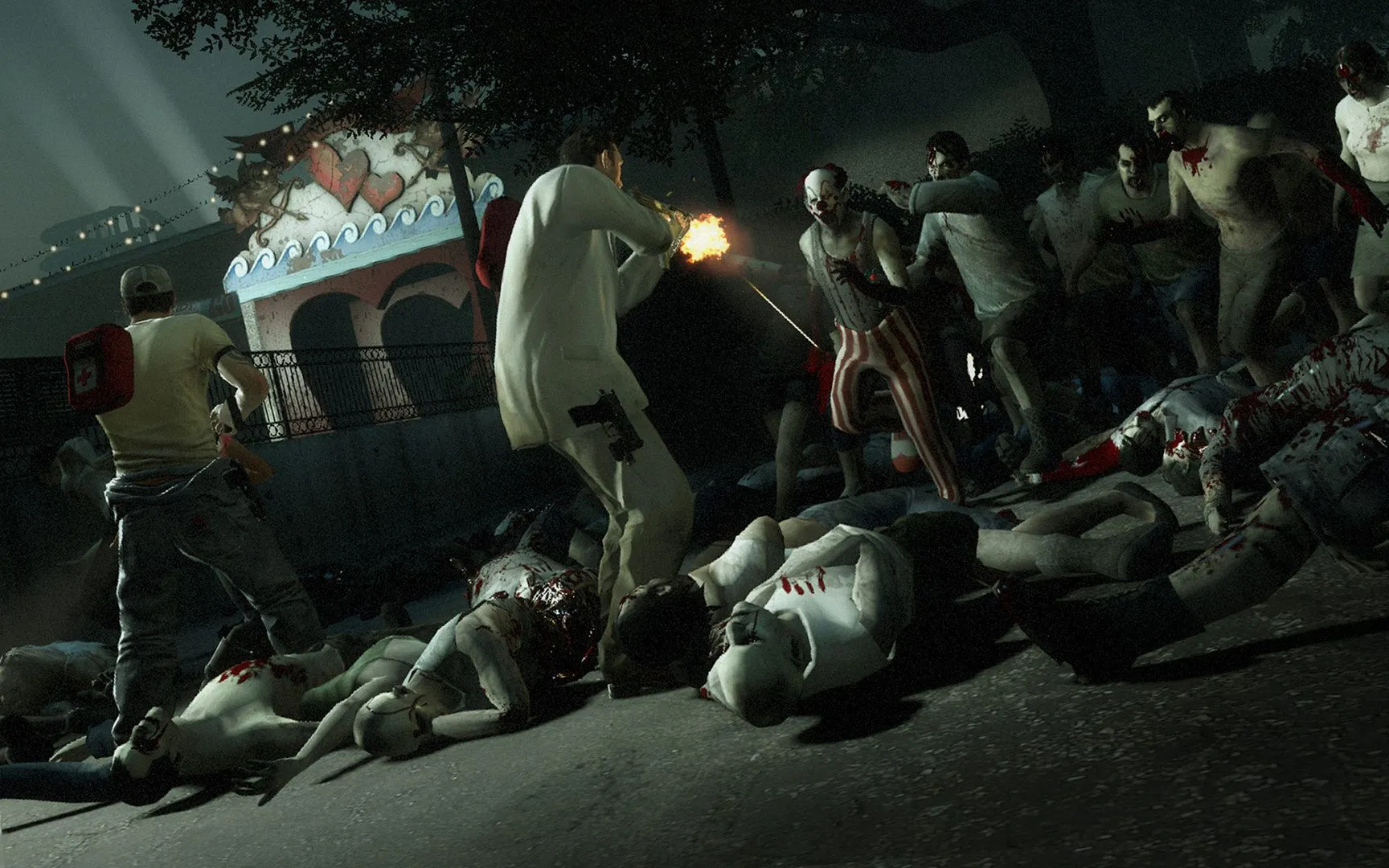 Bốn nhân vật trong Left 4 Dead 2 chiến đấu chống lại đám zombie giữa bối cảnh đổ nát