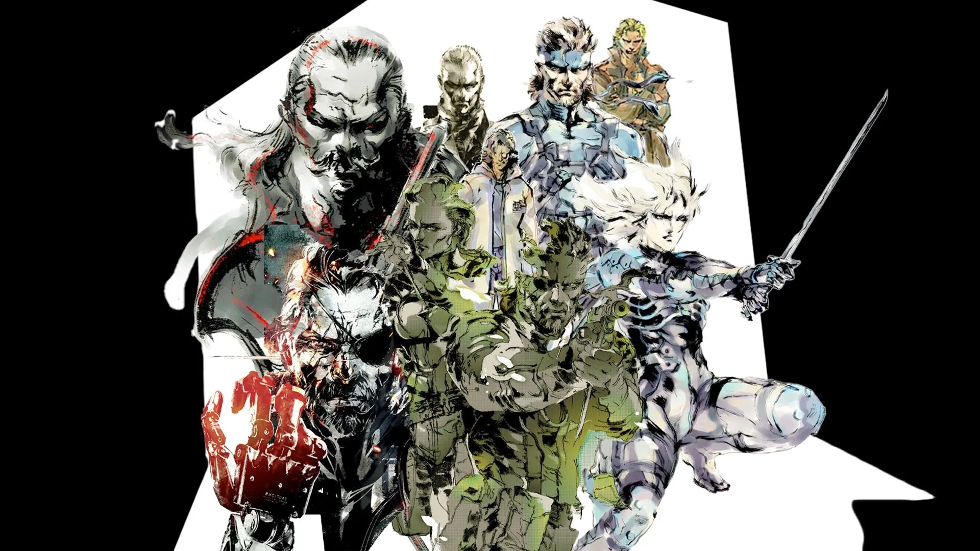 Bức vẽ nghệ thuật tuyệt đẹp về các nhân vật biểu tượng trong series Metal Gear Solid, thể hiện dấu ấn sâu sắc của Hideo Kojima trong việc kể chuyện điện ảnh.