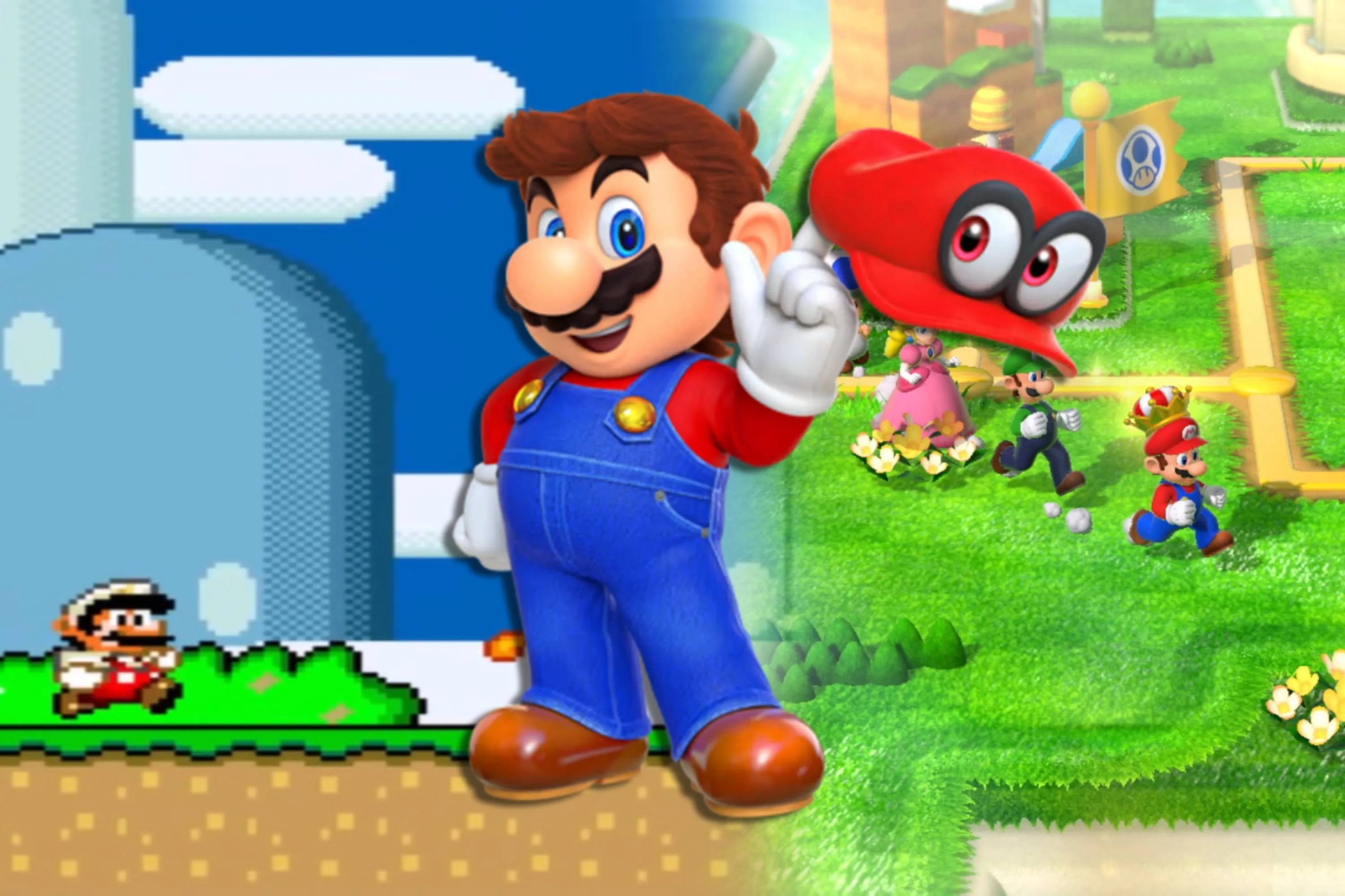Các ảnh chụp màn hình từ Super Mario World, Super Mario 3D và Mario từ Super Mario Odyssey