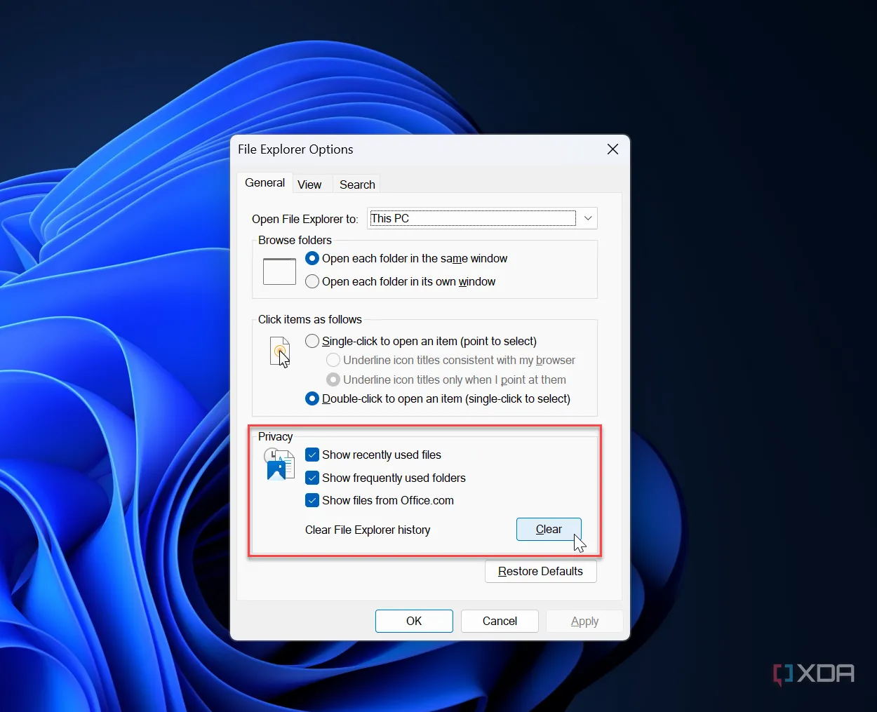 Các bước xóa bộ nhớ đệm File Explorer trong cài đặt Tùy chọn Thư mục trên Windows 11 để cải thiện hiệu suất