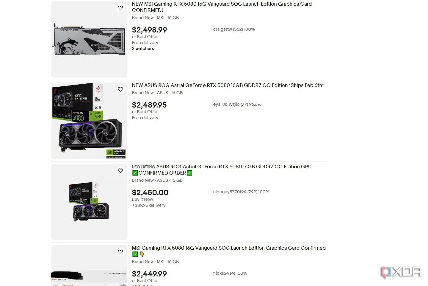 Các danh sách bán card đồ họa Nvidia RTX 5080 với giá cao trên eBay