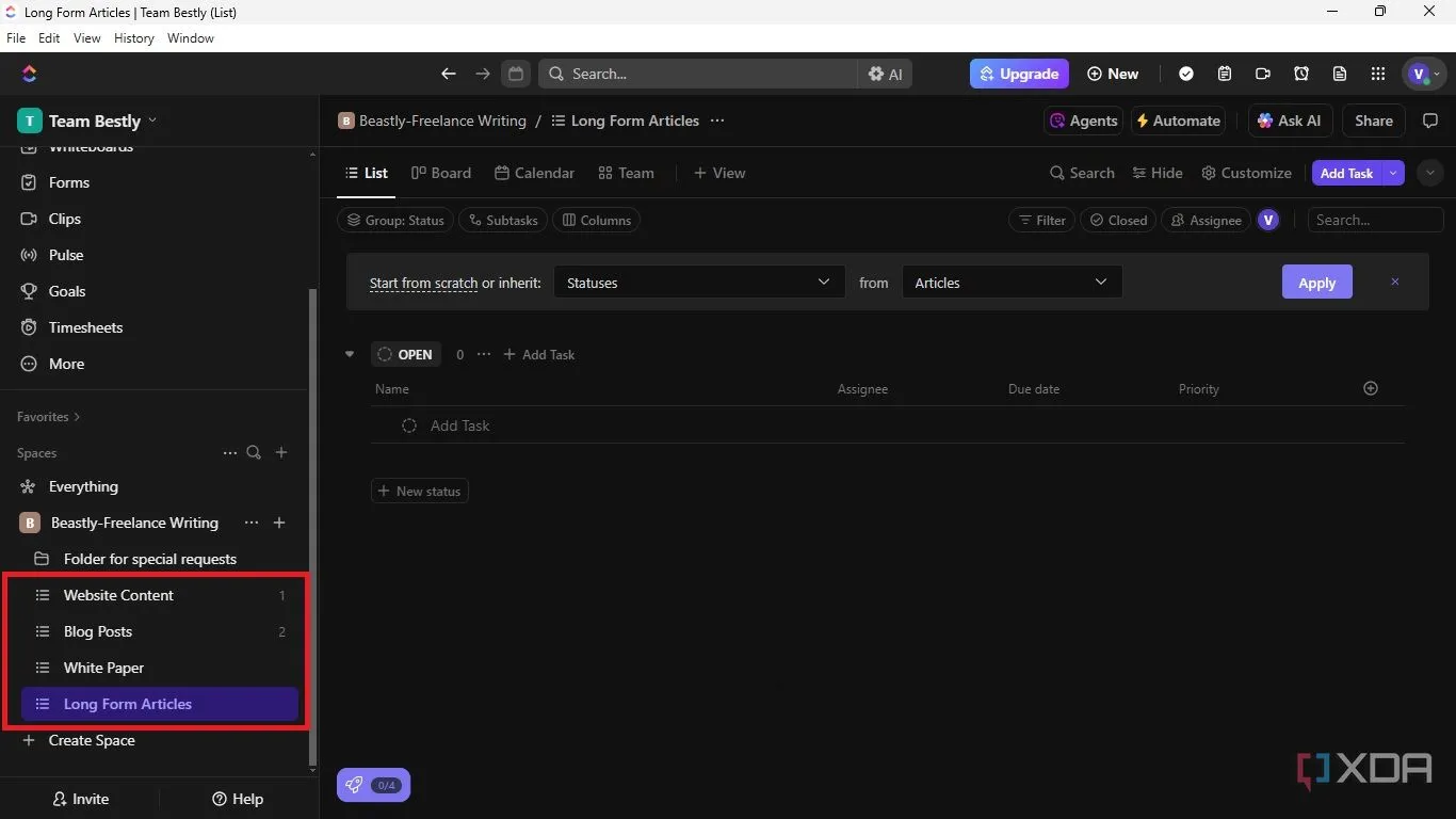 Các danh sách (lists) đã được tạo trong không gian làm việc của ClickUp, hiển thị sẵn sàng cho việc thêm nhiệm vụ.