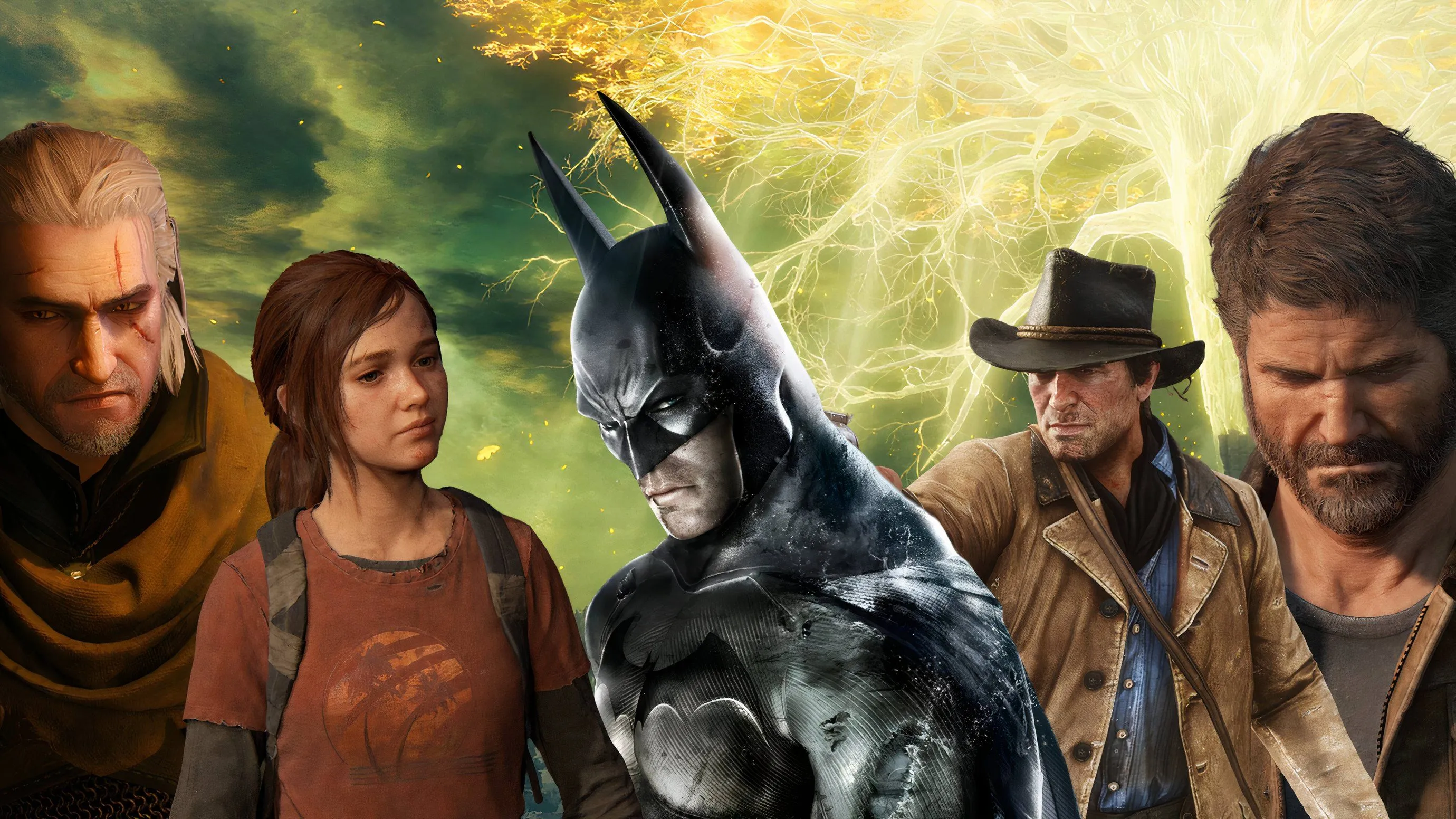 Các nhân vật game biểu tượng Geralt, Ellie, Batman, Arthur Morgan và Joel Miller
