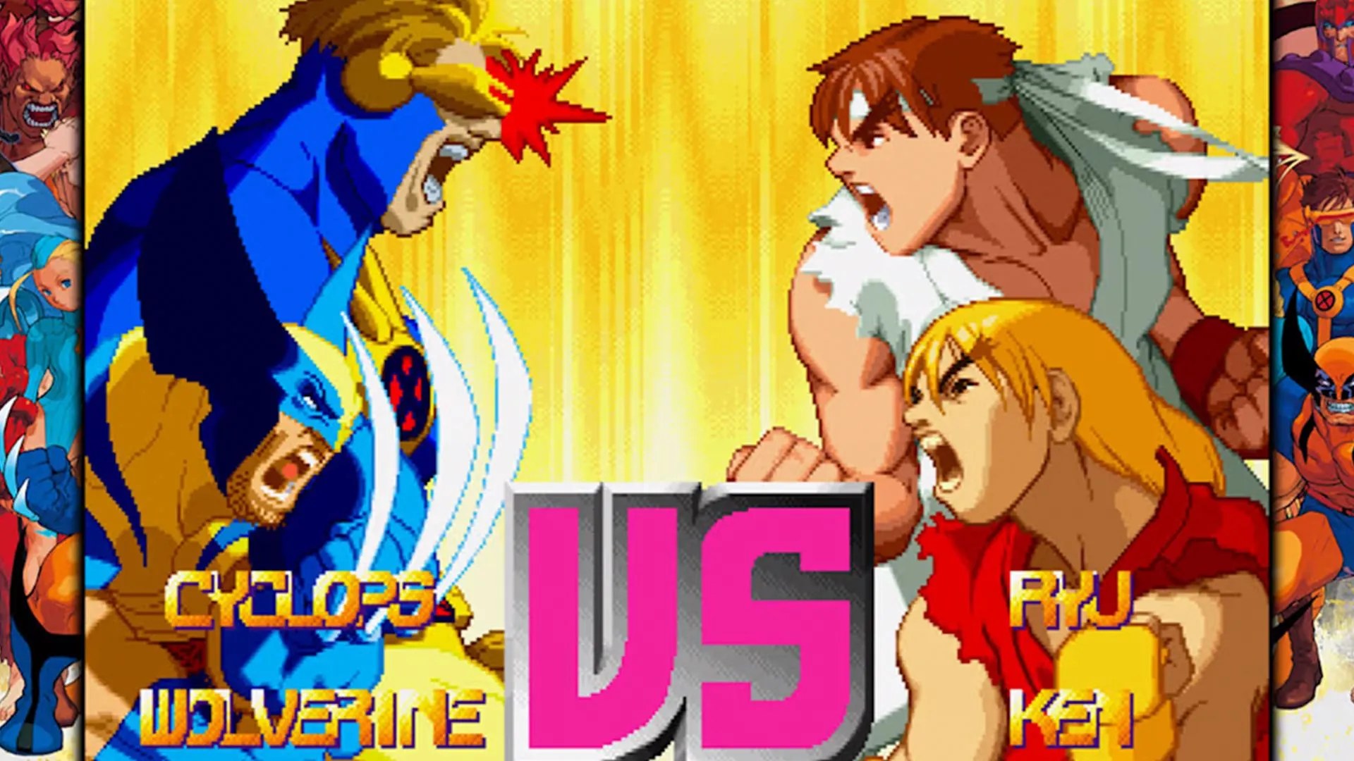 Các nhân vật Ryu, Ken, Wolverine và Cyclops trong tựa game đối kháng Marvel Vs. Capcom, thể hiện phong cách chiến đấu mãn nhãn của game arcade cổ điển.