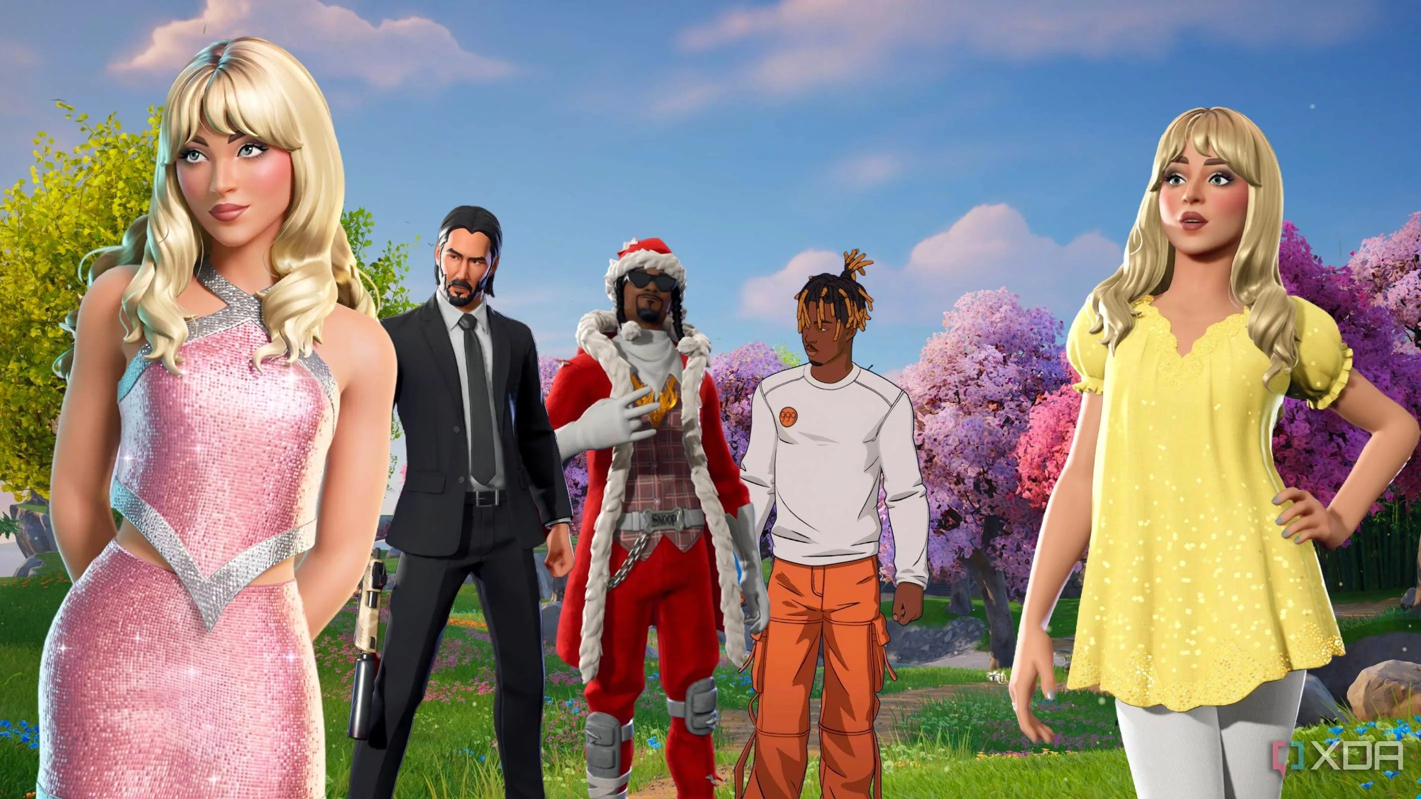 Các skin người nổi tiếng như Sabrina Carpenter, Keanu Reeves, Snoop Dogg và Juice Wrld trong Fortnite, minh họa sự đa dạng nhân vật