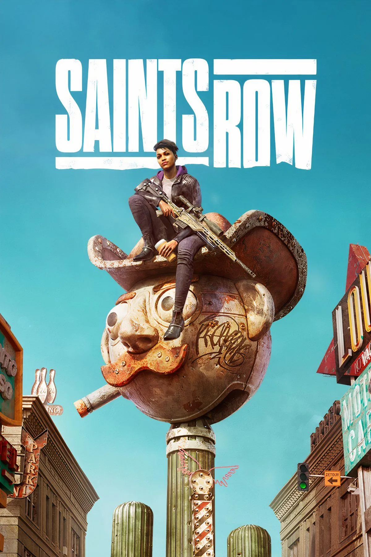 Các thành viên băng đảng Saints đứng trước thành phố Santo Ileso trong bản reboot Saints Row 2022