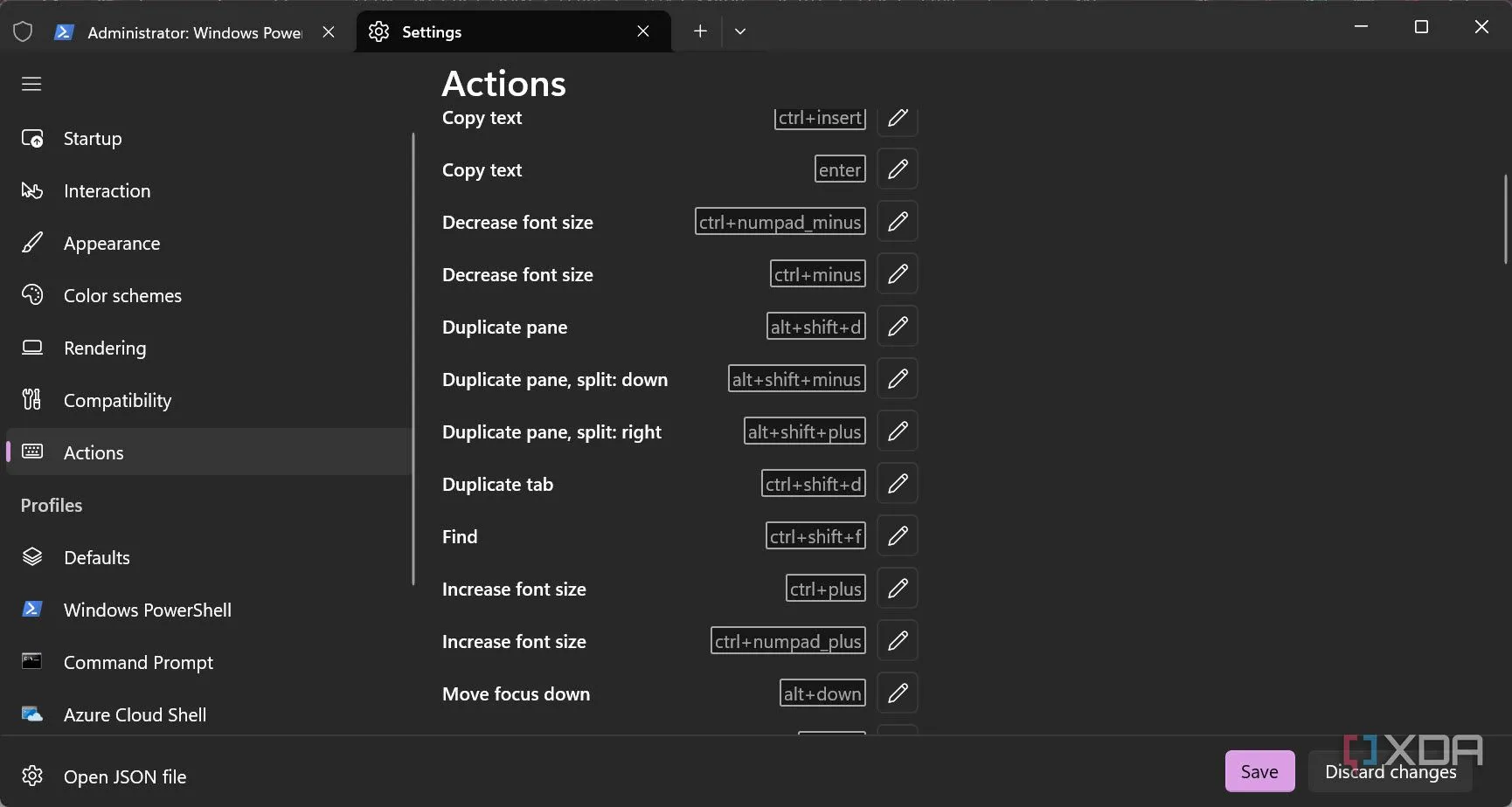 Cài đặt &quot;Actions&quot; trong Windows Terminal, nơi người dùng có thể định nghĩa và tùy chỉnh các phím tắt cho các hành động khác nhau.