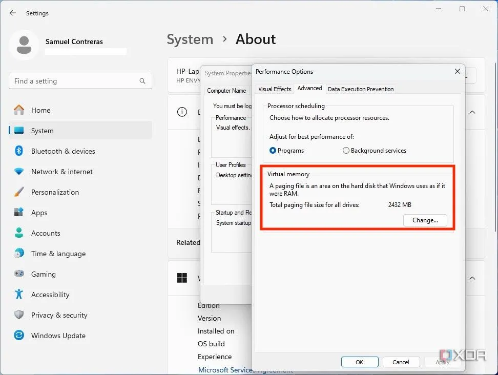 Cài đặt bộ nhớ ảo (Virtual Memory) trong Windows 11, minh họa khi hệ thống dùng đĩa cứng thay RAM