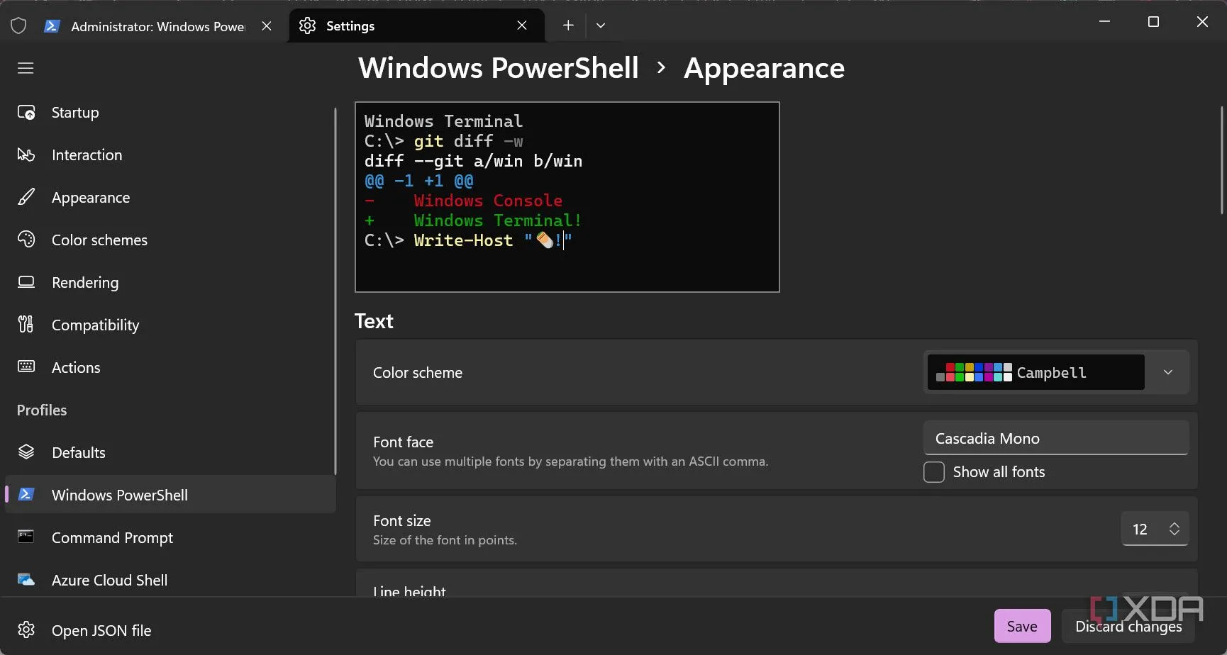 Cài đặt cấu hình hồ sơ Windows PowerShell trong Windows Terminal, cho phép tùy chỉnh màu sắc và biểu tượng.