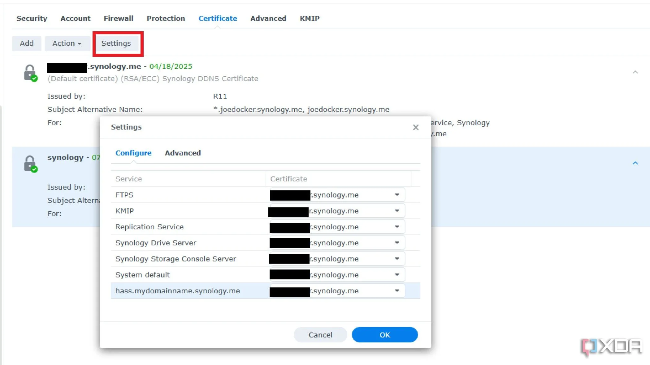 Cài đặt chứng chỉ SSL trong Synology DSM, cho phép gán chứng chỉ cho Reverse Proxy Rule