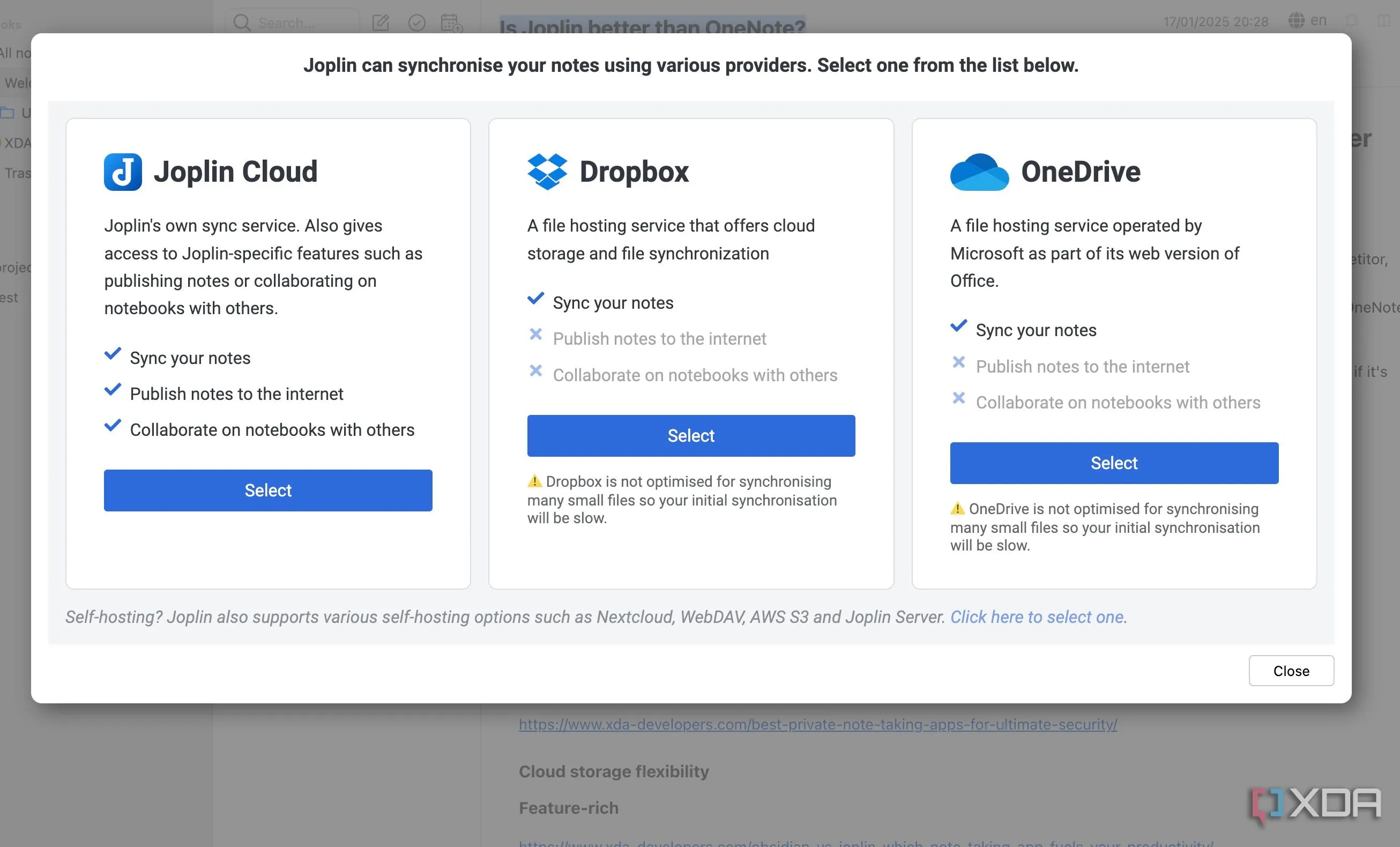 Cài đặt đồng bộ hóa ghi chú Joplin với các dịch vụ đám mây như OneDrive hoặc Joplin Cloud.