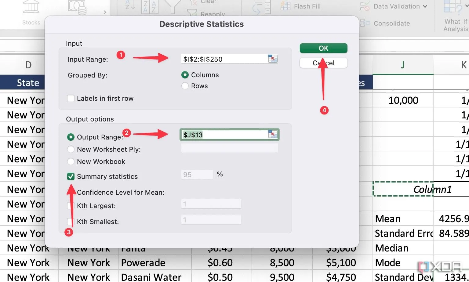 Cài đặt Input Range, Output Range và Summary Statistics trong hộp thoại Descriptive Statistics của Excel