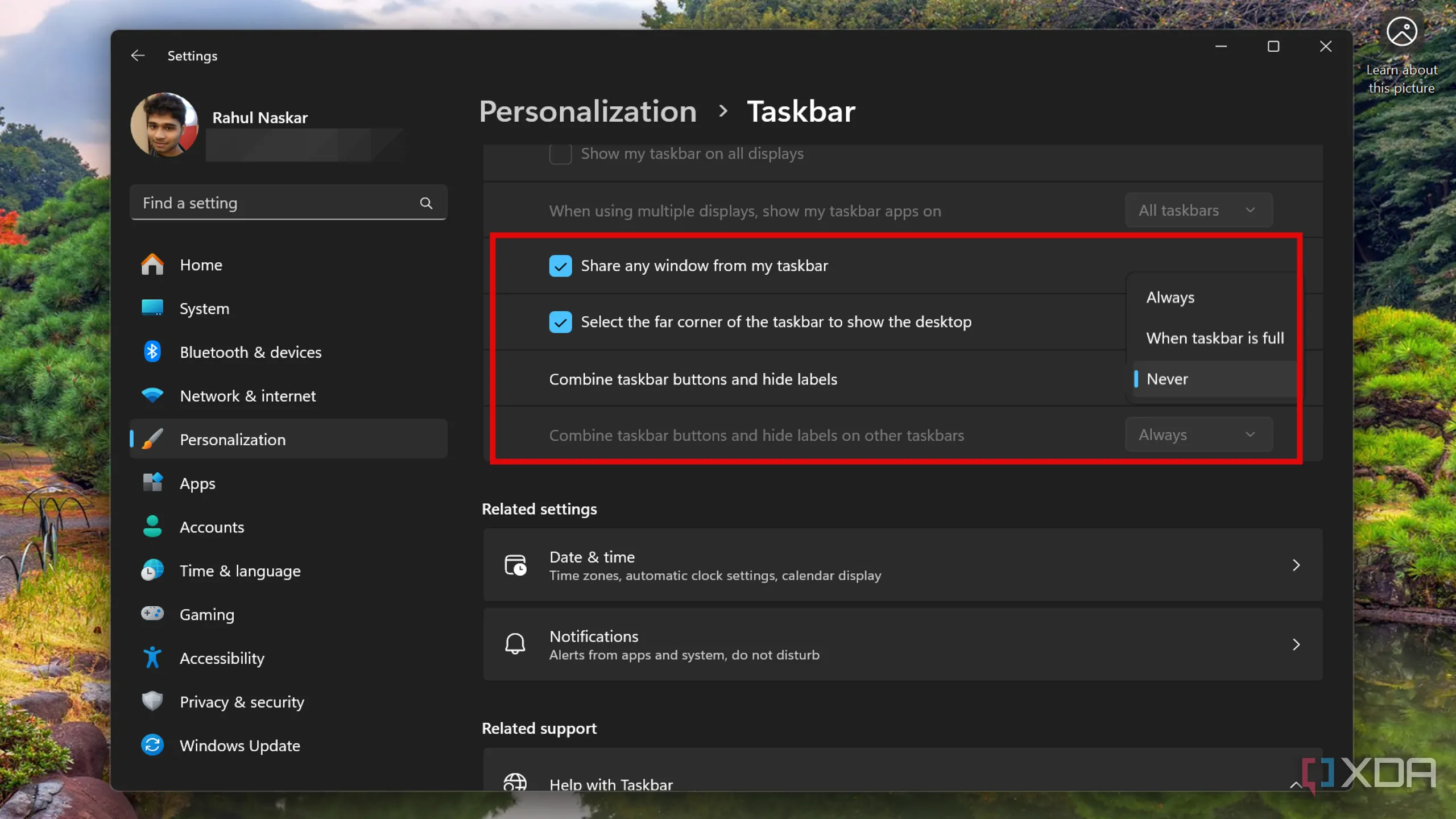Cài đặt 'Không bao giờ kết hợp các nút thanh tác vụ và ẩn nhãn' trong Windows 11 Settings