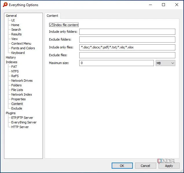 Cài đặt lập chỉ mục nội dung file trong Everything