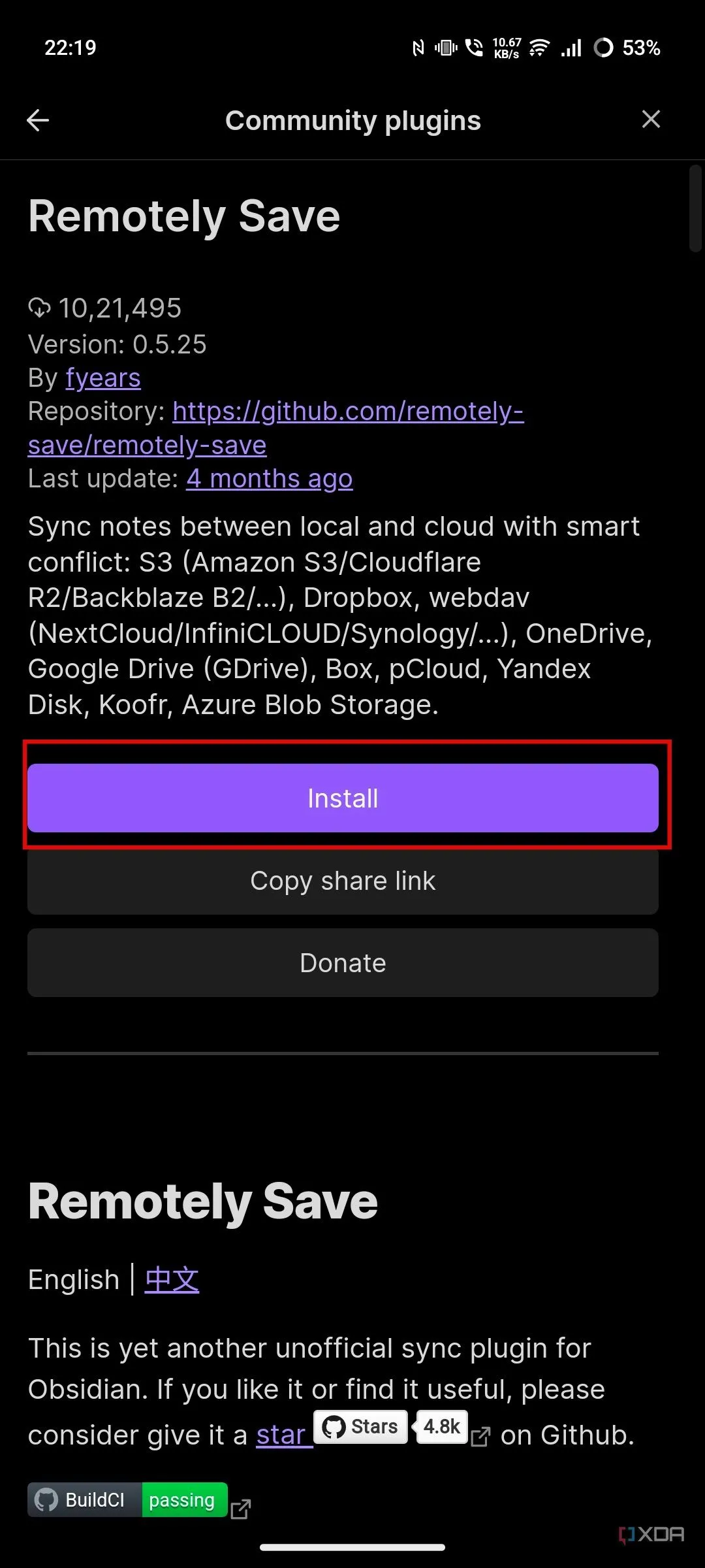 Cài đặt plugin Remotely Save trên ứng dụng Obsidian di động
