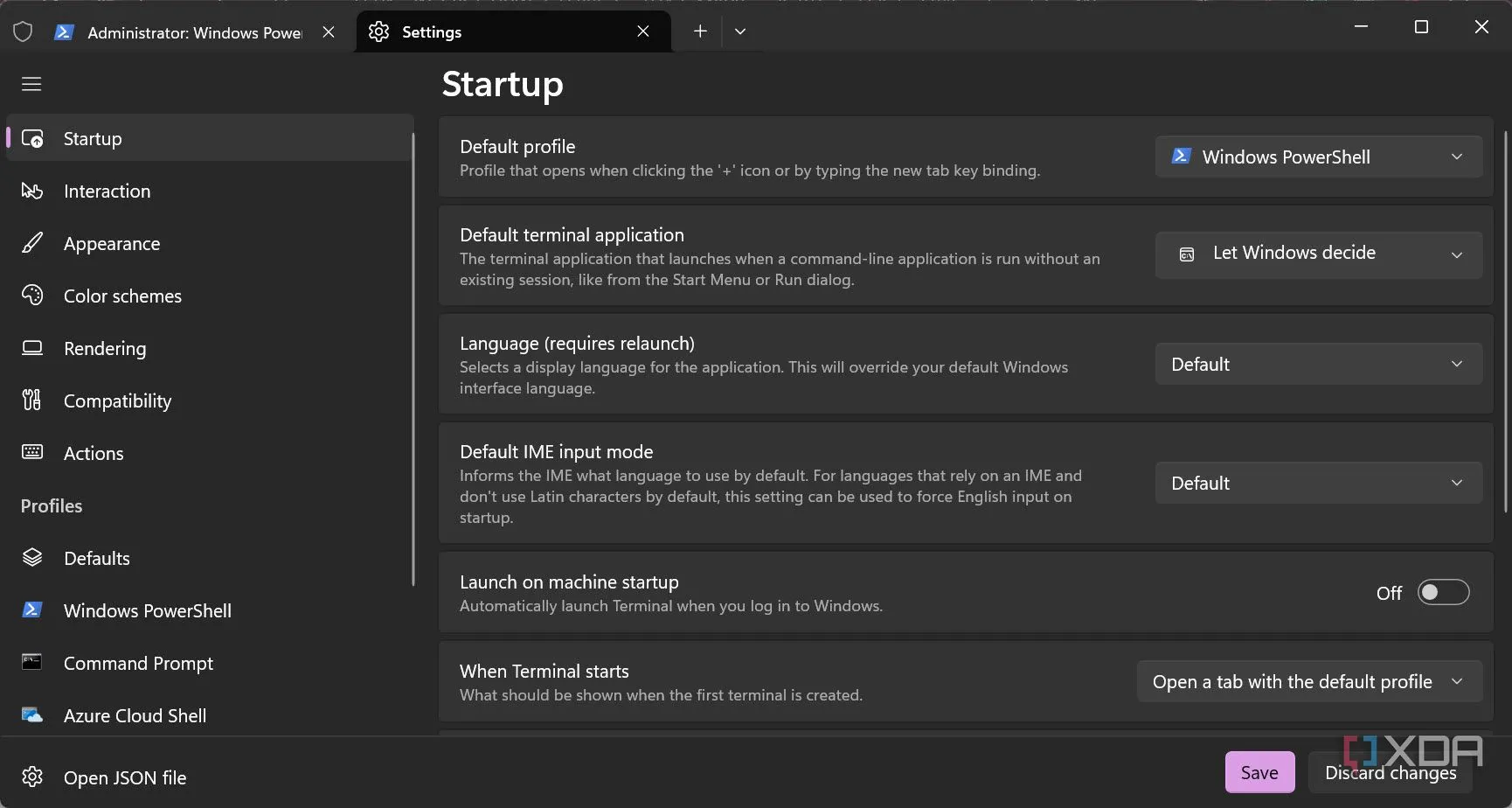 Cài đặt &quot;Startup&quot; trong Windows Terminal, hiển thị tùy chọn để chọn profile mặc định khi ứng dụng khởi động.