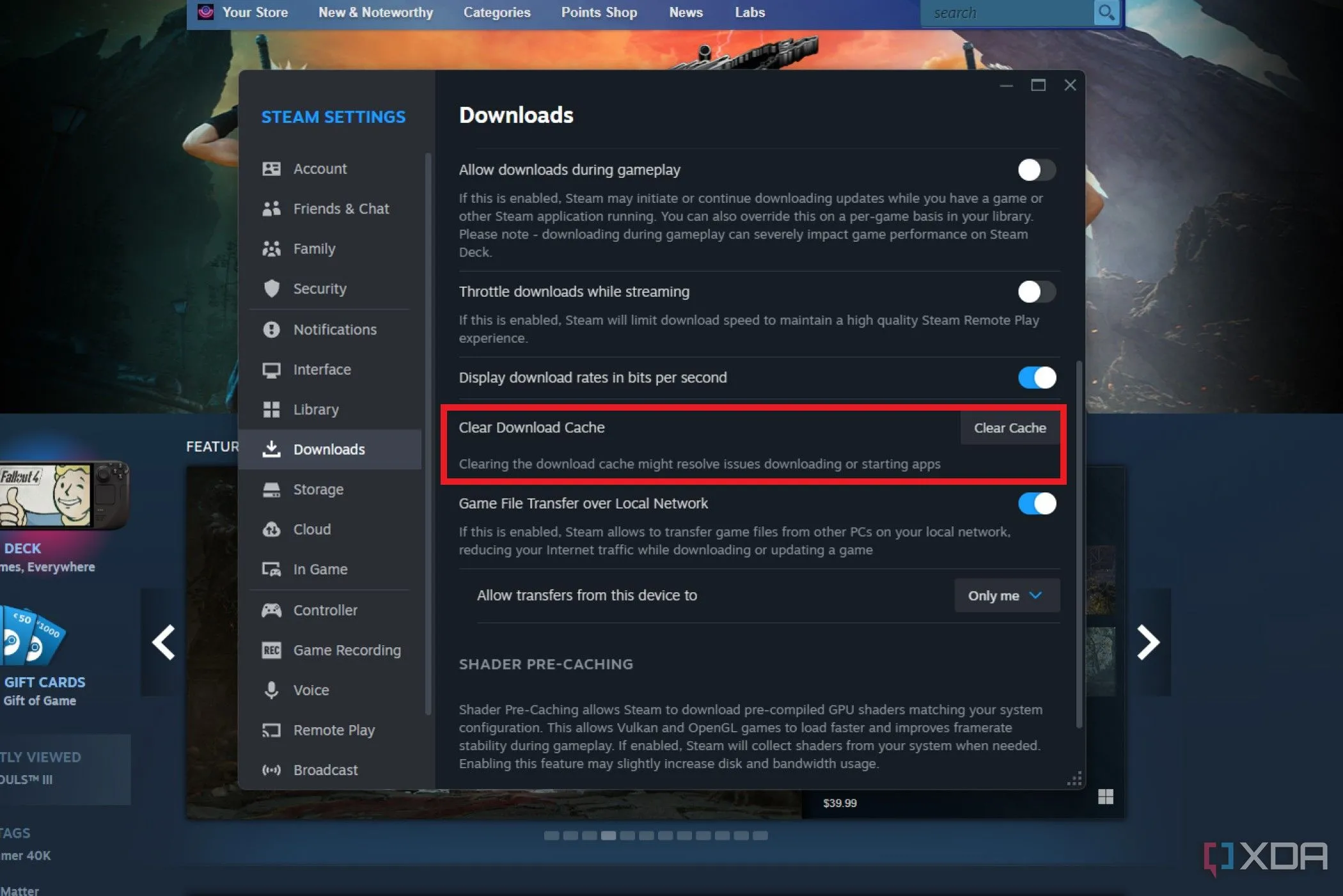 Cài đặt tải xuống của Steam với tùy chọn &quot;Xóa bộ nhớ đệm tải xuống&quot; được làm nổi bật