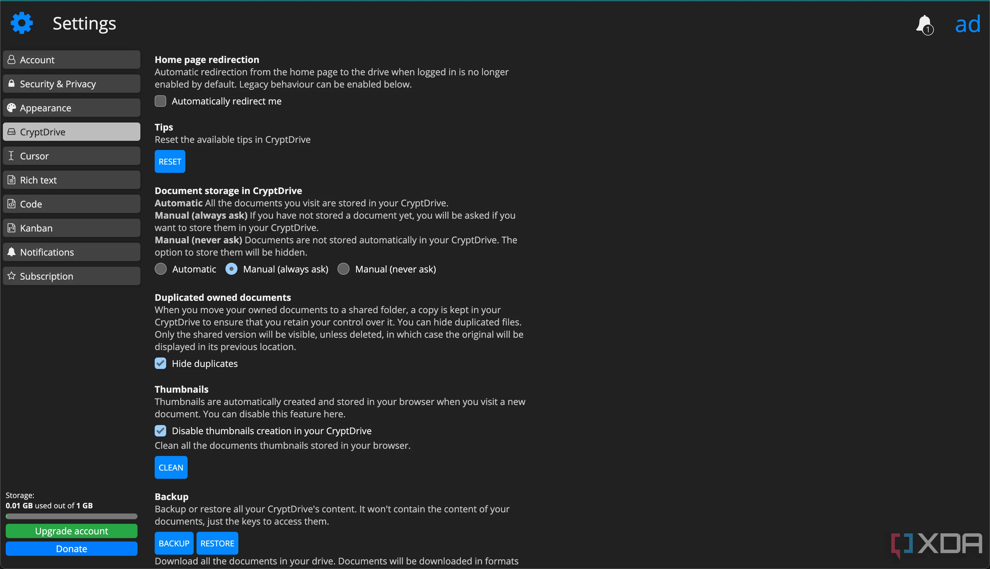 Cài đặt tùy chỉnh người dùng trong CryptPad, giúp cá nhân hóa trải nghiệm cộng tác.