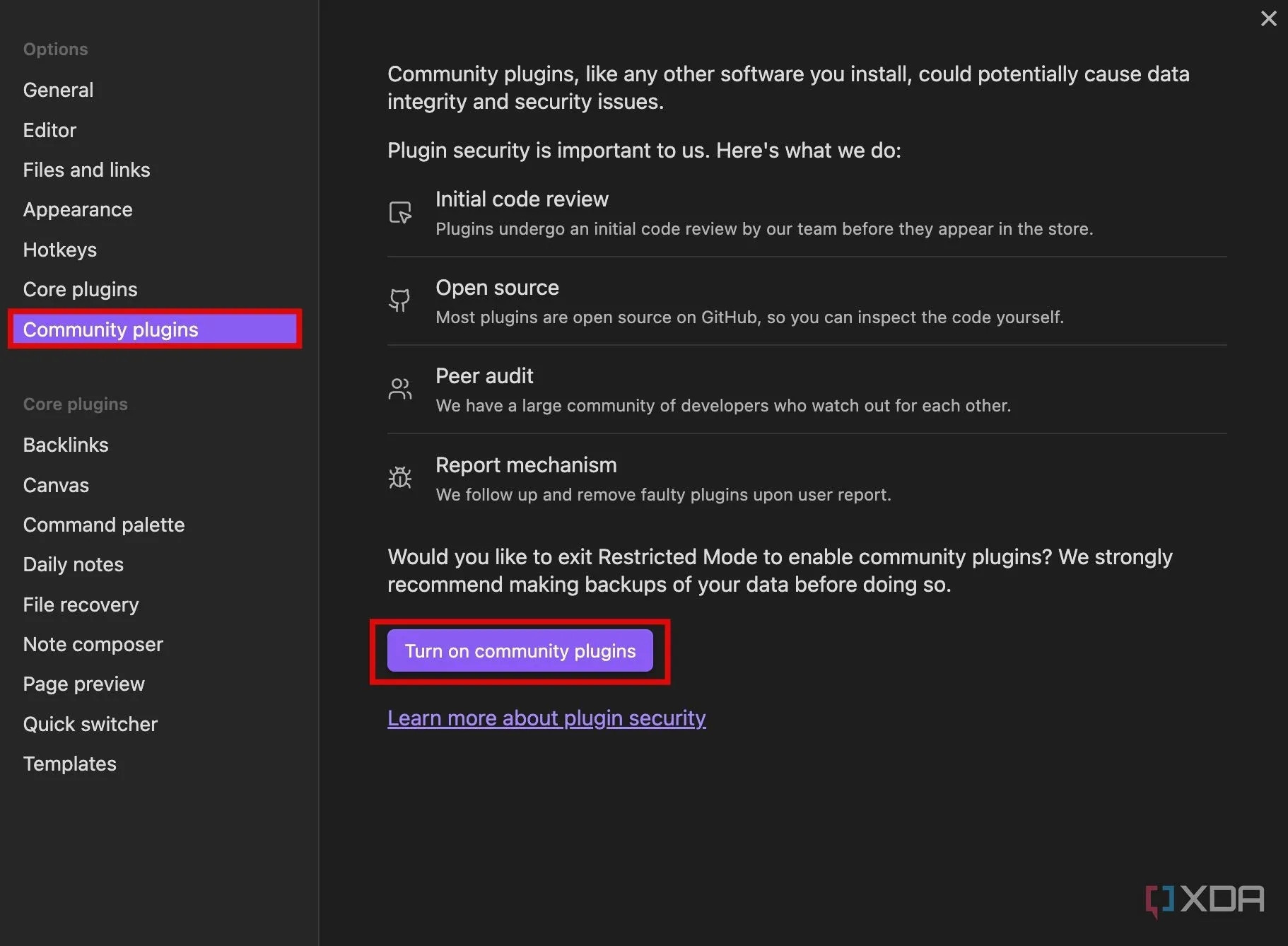 Cài đặt và bật plugin cộng đồng trong cài đặt Obsidian