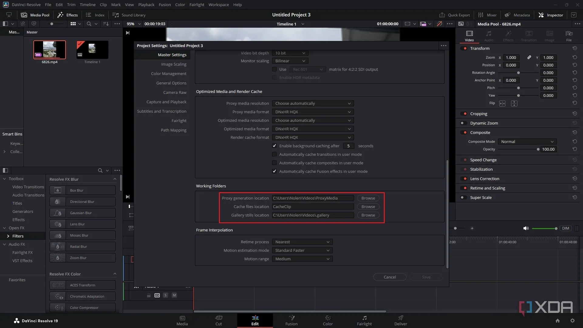 Cài đặt vị trí Working Folders cho Proxy Media và Cache files trong DaVinci Resolve Project Settings.