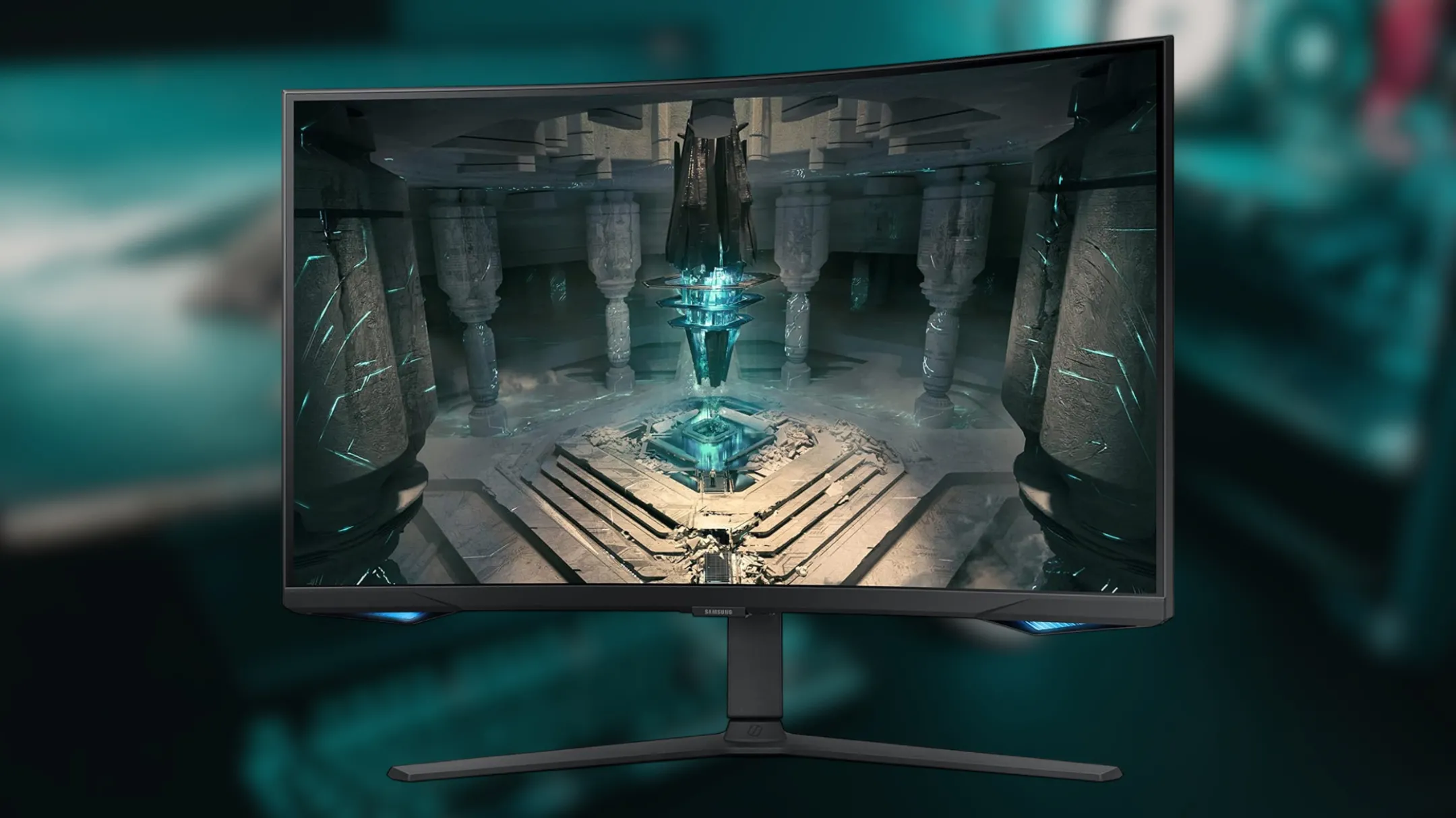 Cận cảnh màn hình 32 inch Samsung Odyssey G65B với giao diện game và đèn nền RGB