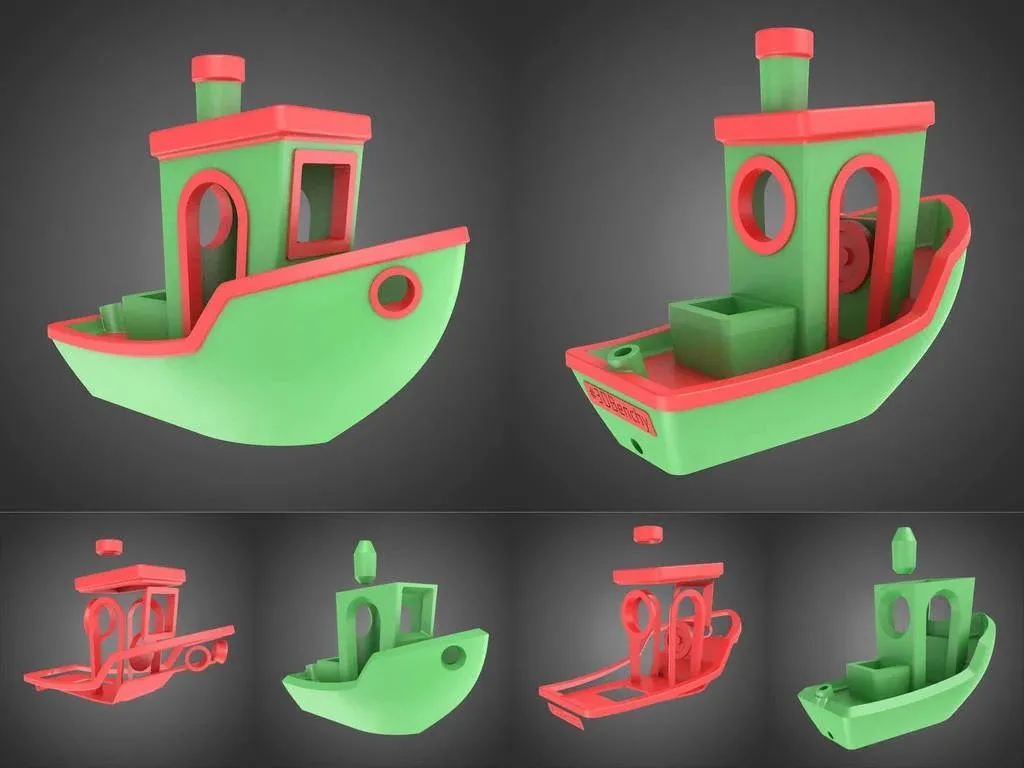 Cận cảnh mô hình Benchy phiên bản in đôi, minh họa chi tiết các vấn đề rút dây (retraction) gây kéo sợi.
