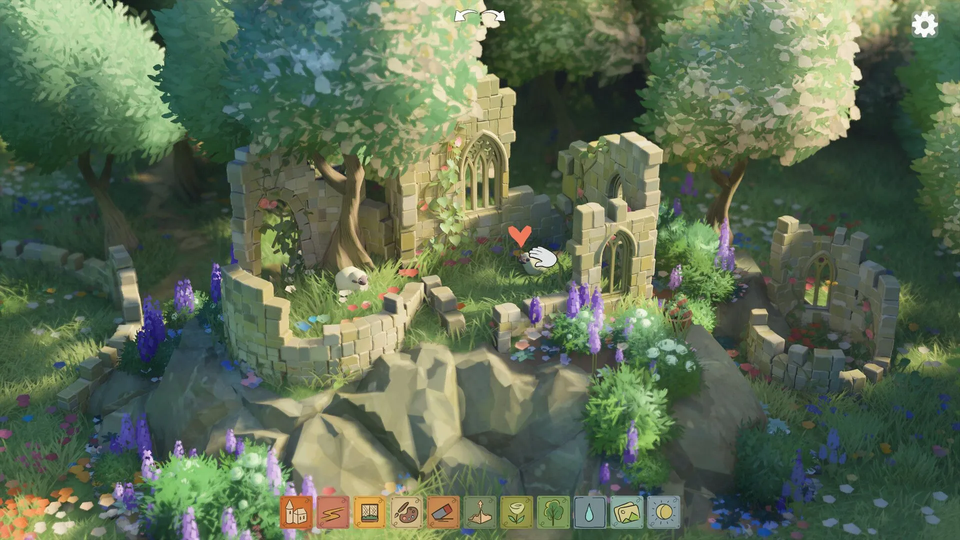 Cận cảnh một công trình kiến trúc lâu đài nhỏ xinh với tháp nhọn và mái ngói đỏ trong game Tiny Glade