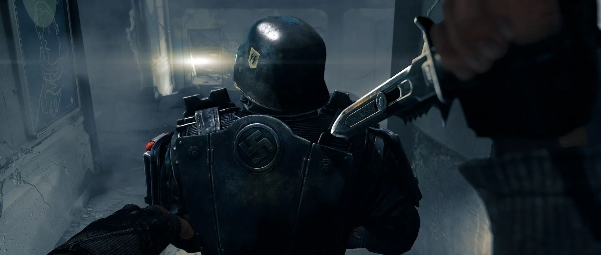 Cận cảnh nhân vật B.J. Blazkowicz trong Wolfenstein The New Order, biểu cảm căng thẳng