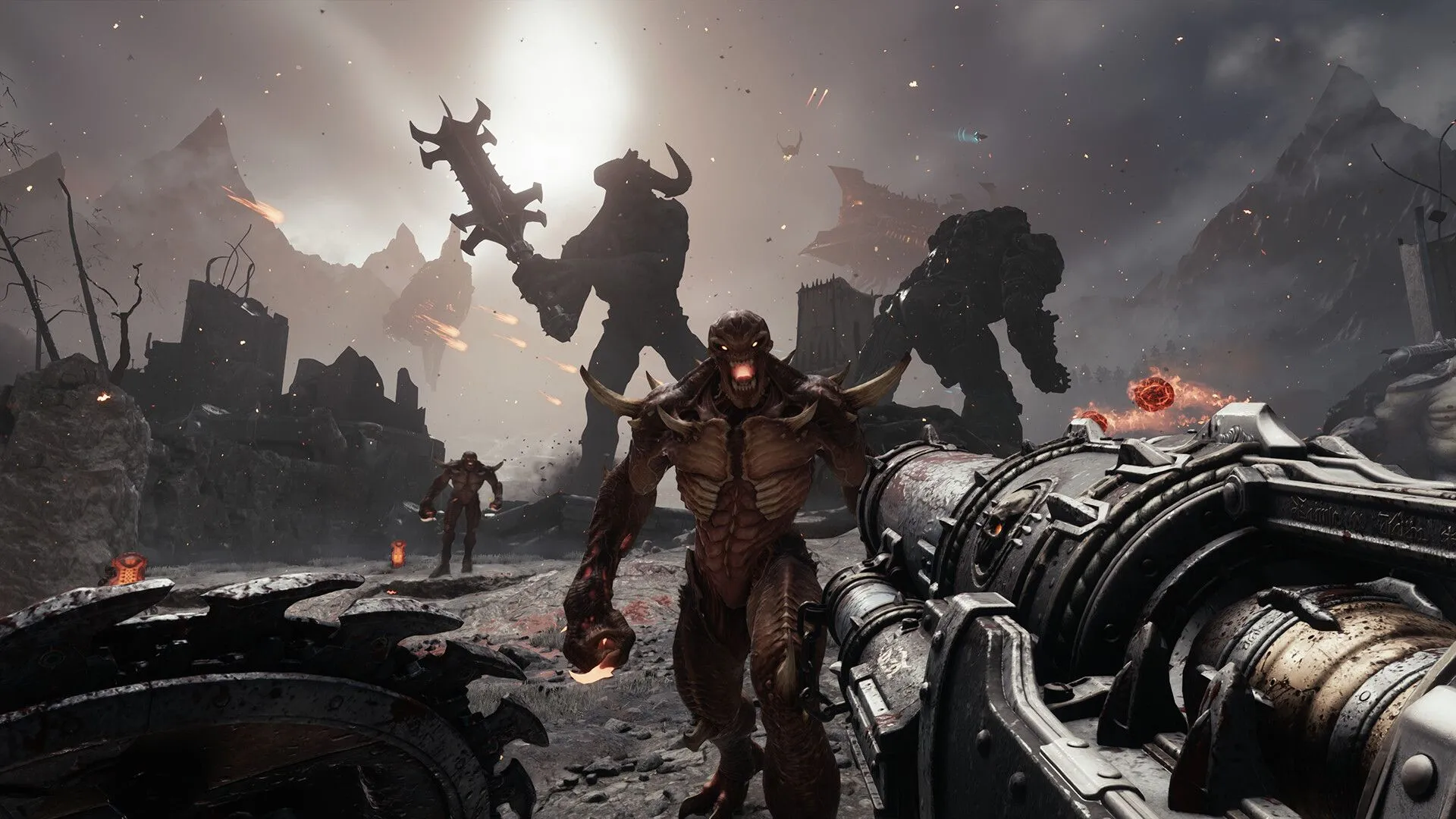 Cận cảnh nhân vật chính Doom Slayer trong một trận chiến khốc liệt.