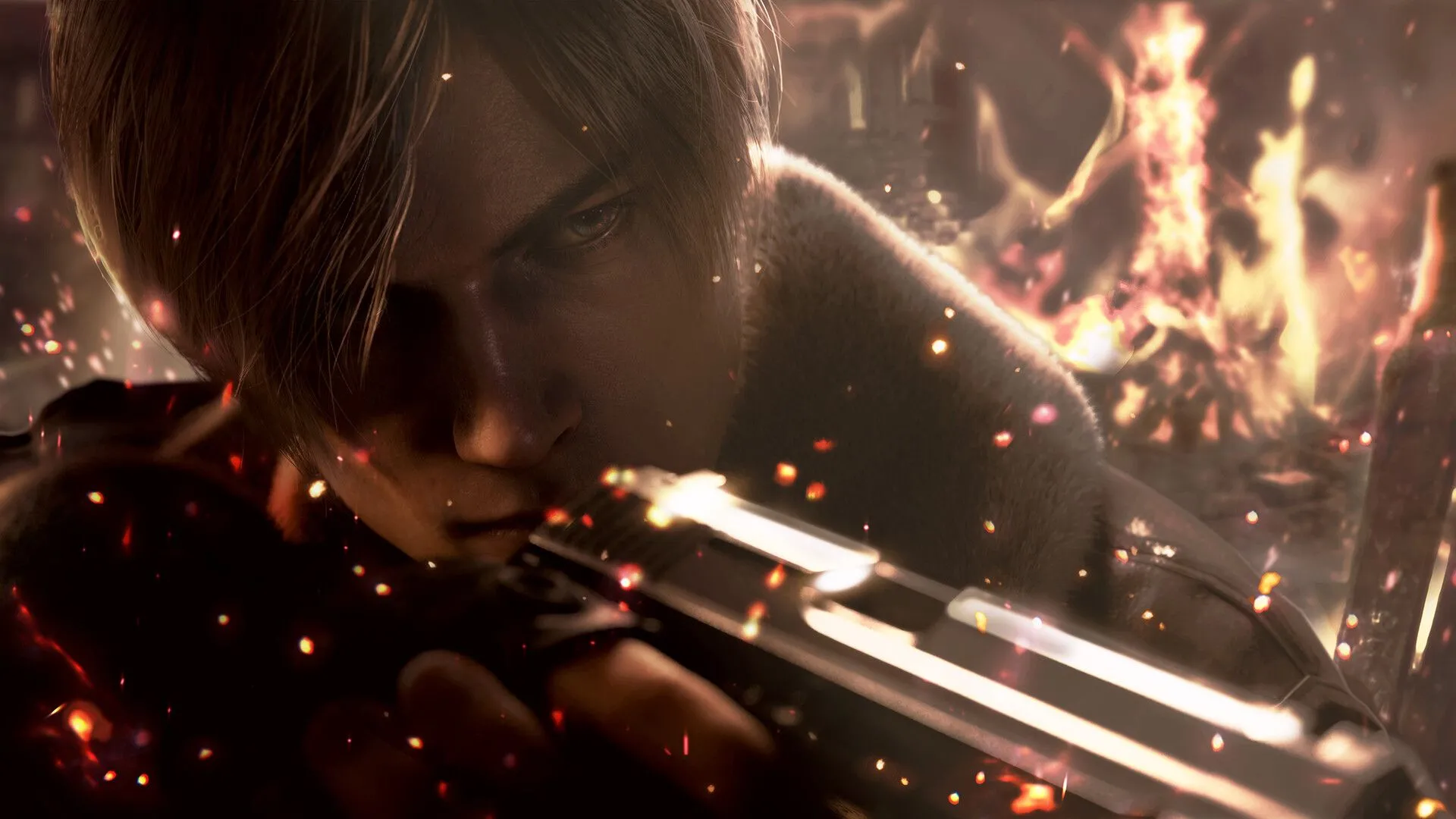 Cận cảnh nhân vật Leon Kennedy trong phiên bản làm lại của game Resident Evil 4