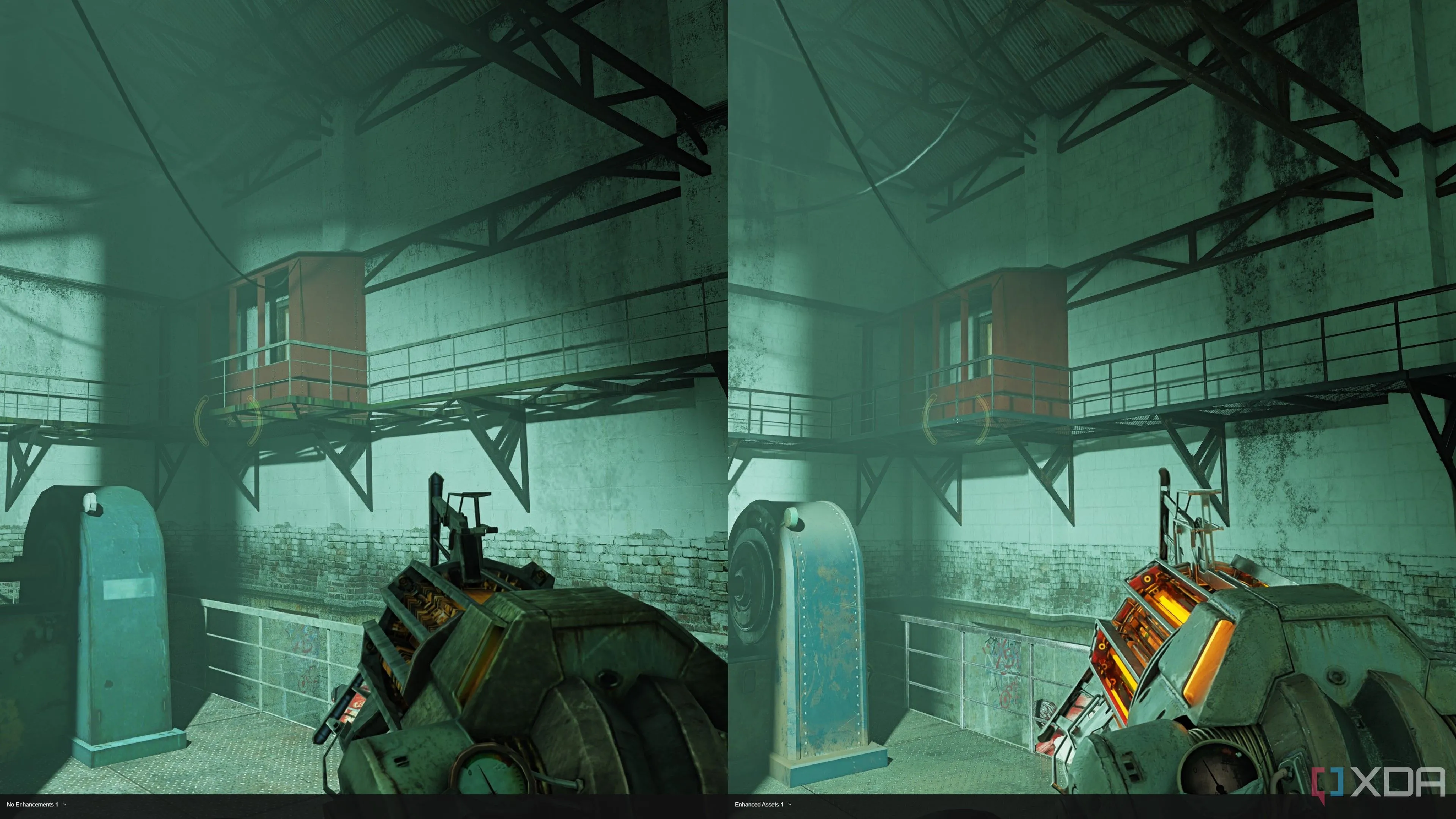 Cận cảnh so sánh khẩu Gravity Gun và chi tiết cầu thang trong Half-Life 2 RTX