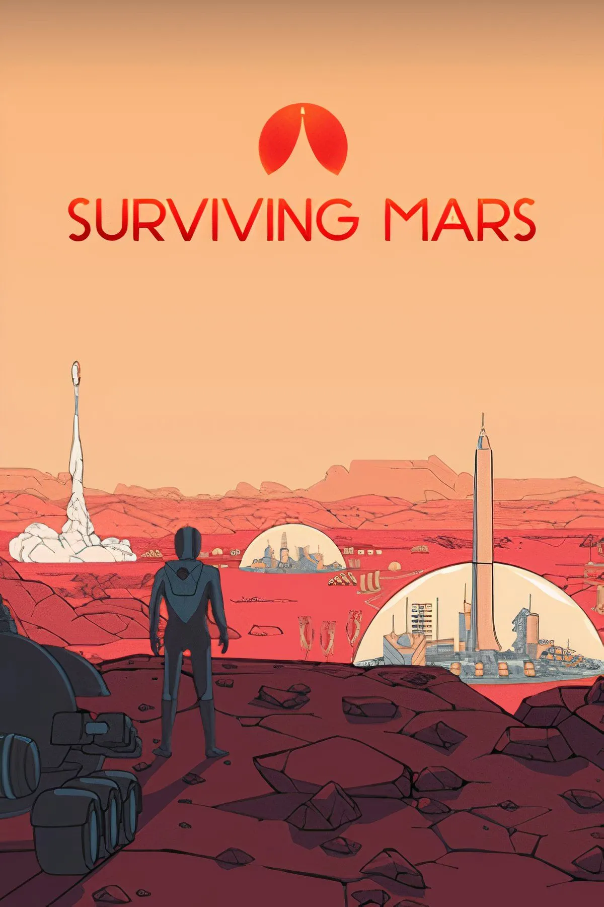 Căn cứ của loài người trên bề mặt sao Hỏa với các mái vòm trong game Surviving Mars, giữa cảnh quan khắc nghiệt của hành tinh