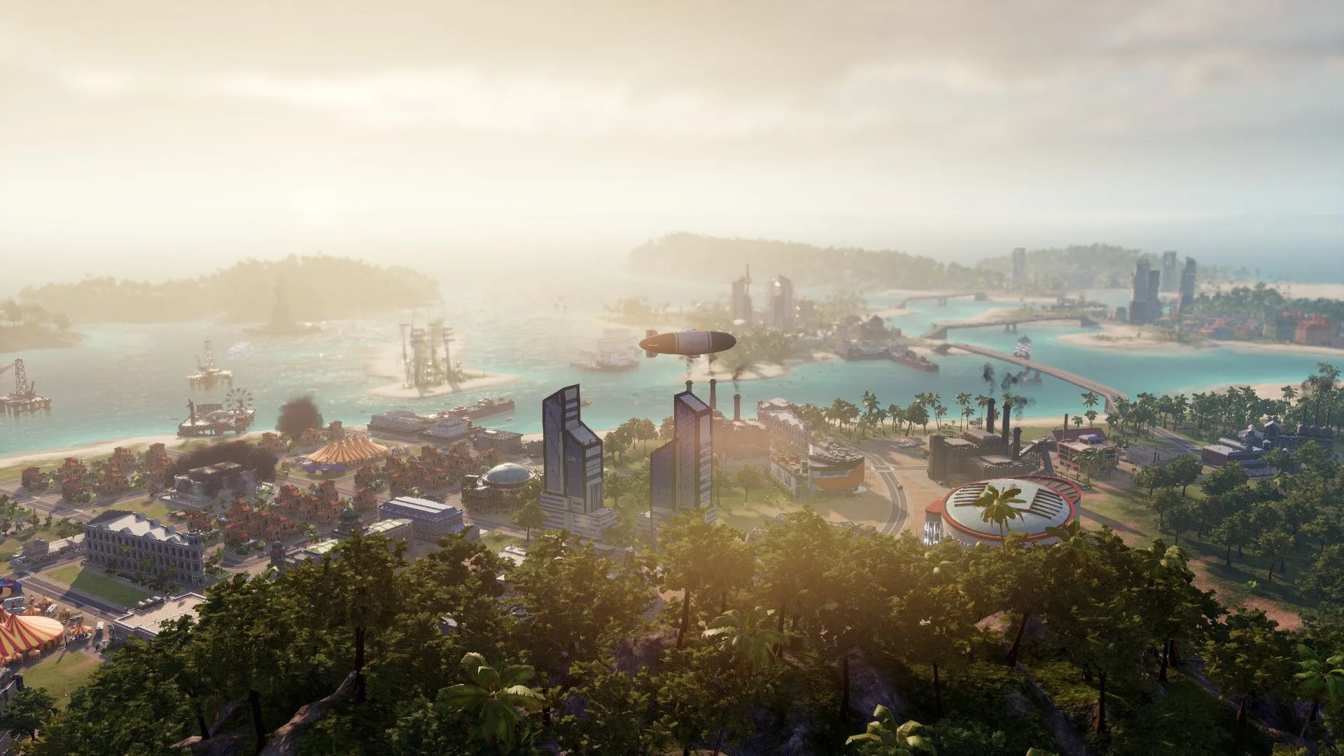Cảnh cảng biển và tàu thuyền trong Tropico 6, cho thấy vai trò quan trọng của thương mại và giao thông