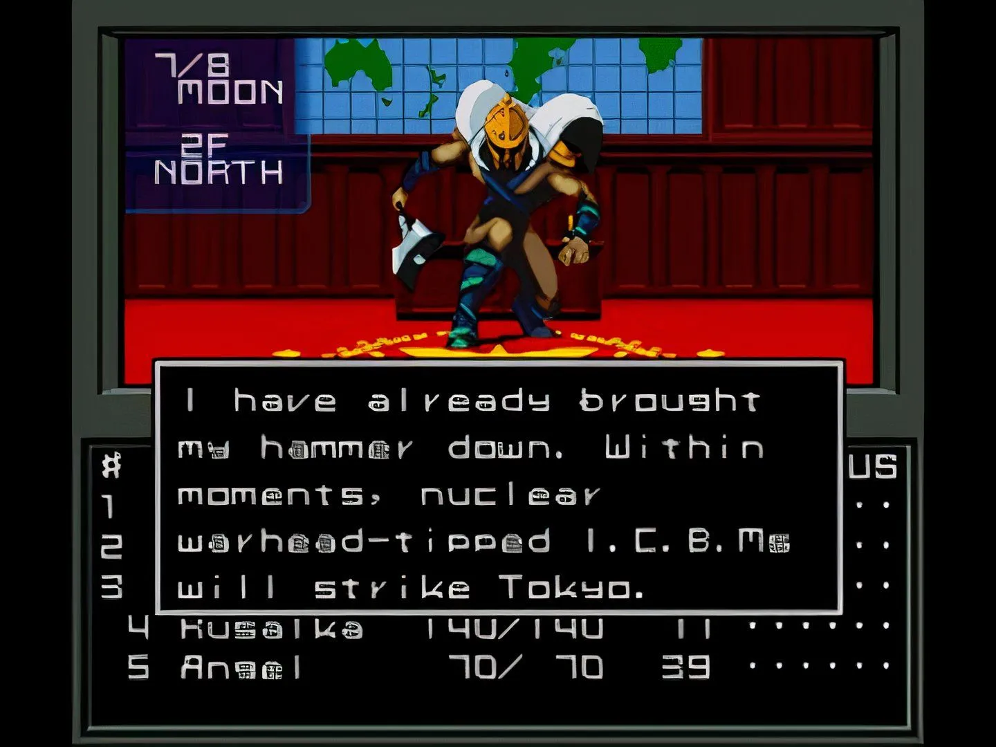 Cảnh chiến đấu theo lượt trong Shin Megami Tensei với các nhân vật và quỷ, minh họa phong cách JRPG dungeon-crawling.