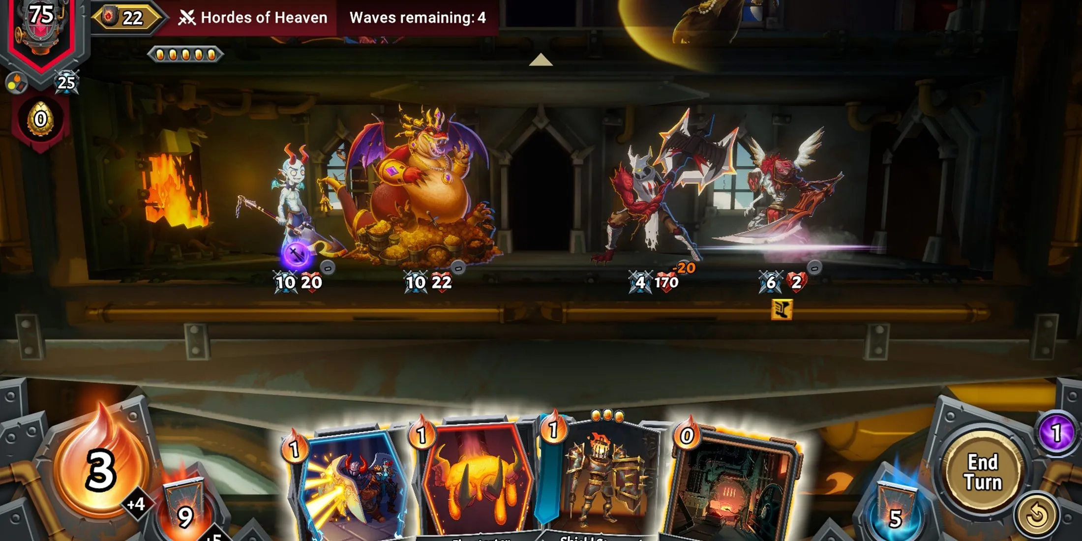 Cảnh chiến đấu trong game Monster Train 2, với các tầng được phân chia.