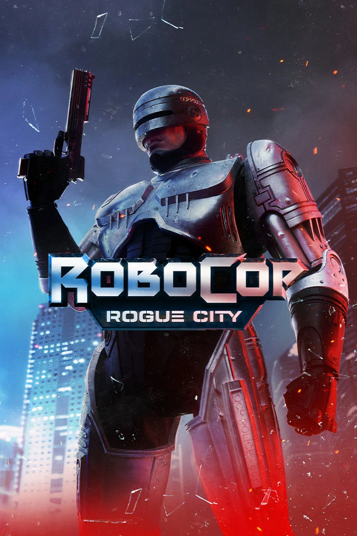 Cảnh chiến đấu trong game RoboCop Rogue City với nhân vật RoboCop giơ súng, thể hiện đồ họa và không khí của game.