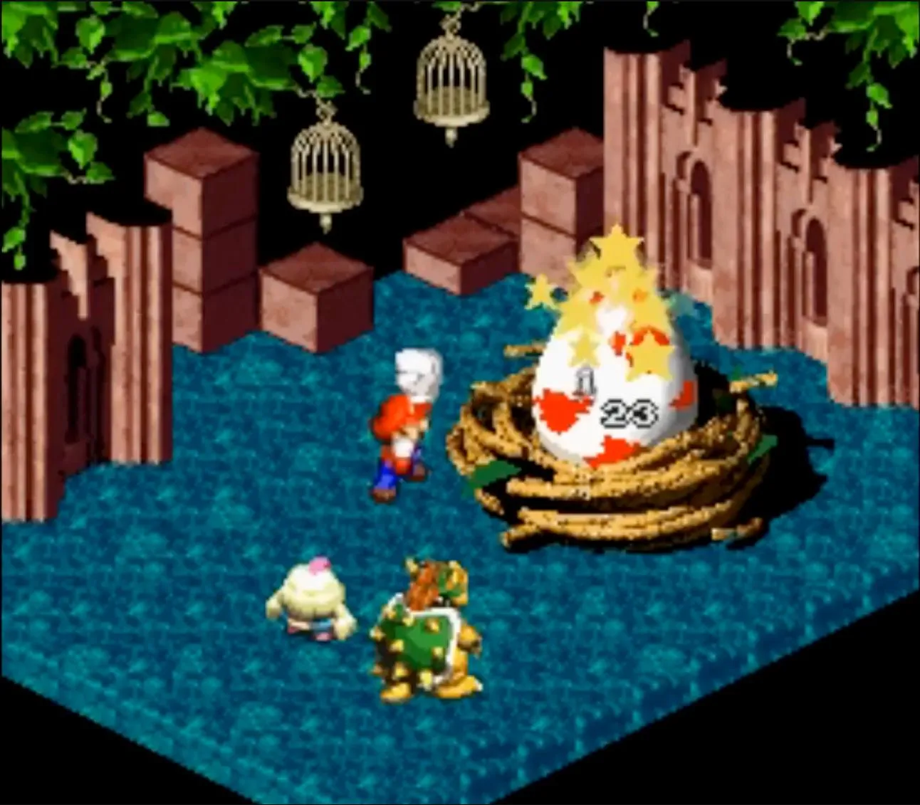 Cảnh chiến đấu trong Super Mario RPG trên SNES, Mario, Mallow và Geno đối đầu với kẻ thù trong giao diện RPG theo lượt.