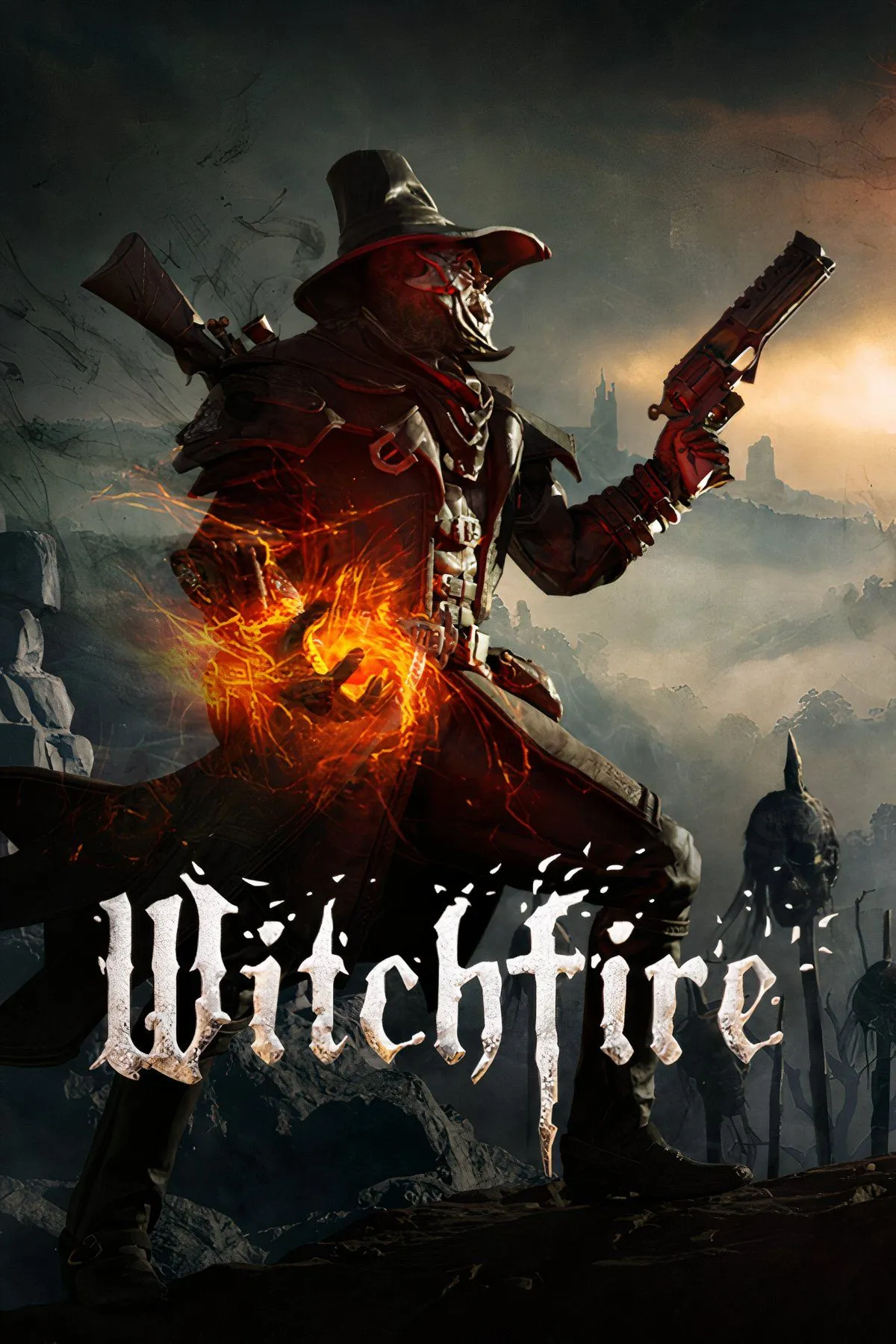 Cảnh chiến đấu trong Witchfire với nhân vật chính đang bắn súng và dùng phép thuật trong môi trường dark fantasy