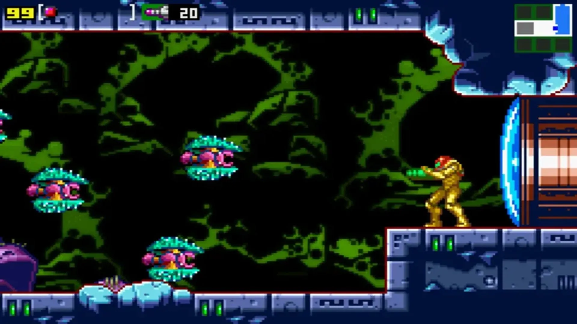 Cảnh chơi game Metroid: Zero Mission trên Game Boy Advance, hiển thị Samus trong Power Suit