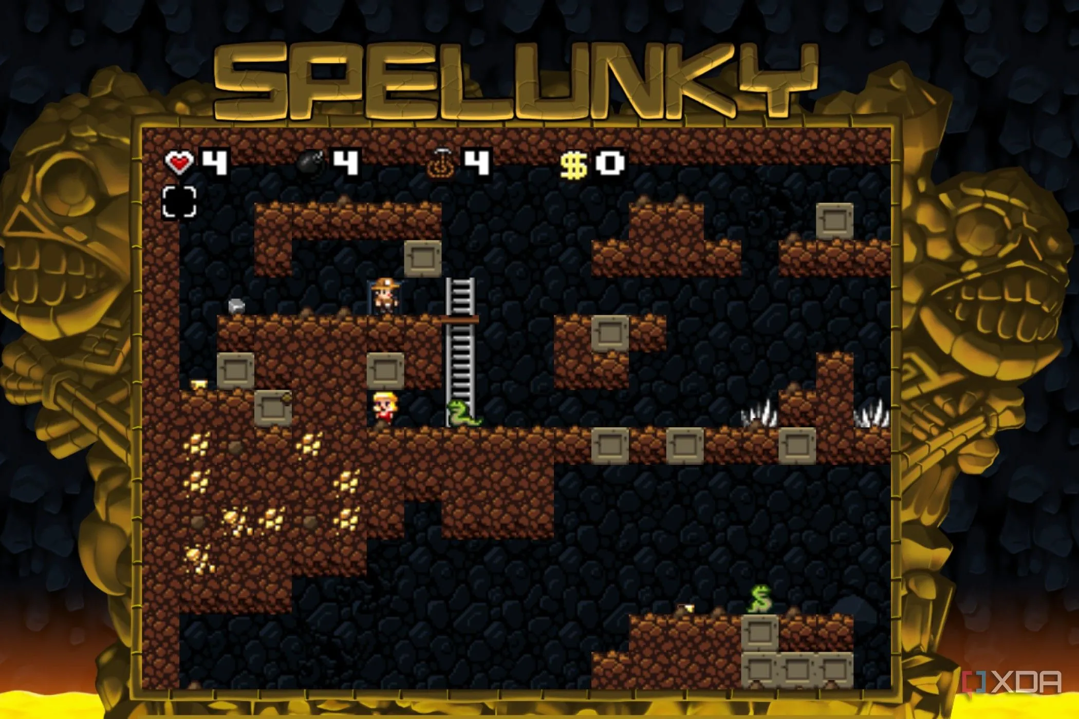 Cảnh chơi game platformer Spelunky trong trình duyệt, nhân vật chính đang khám phá hầm ngục
