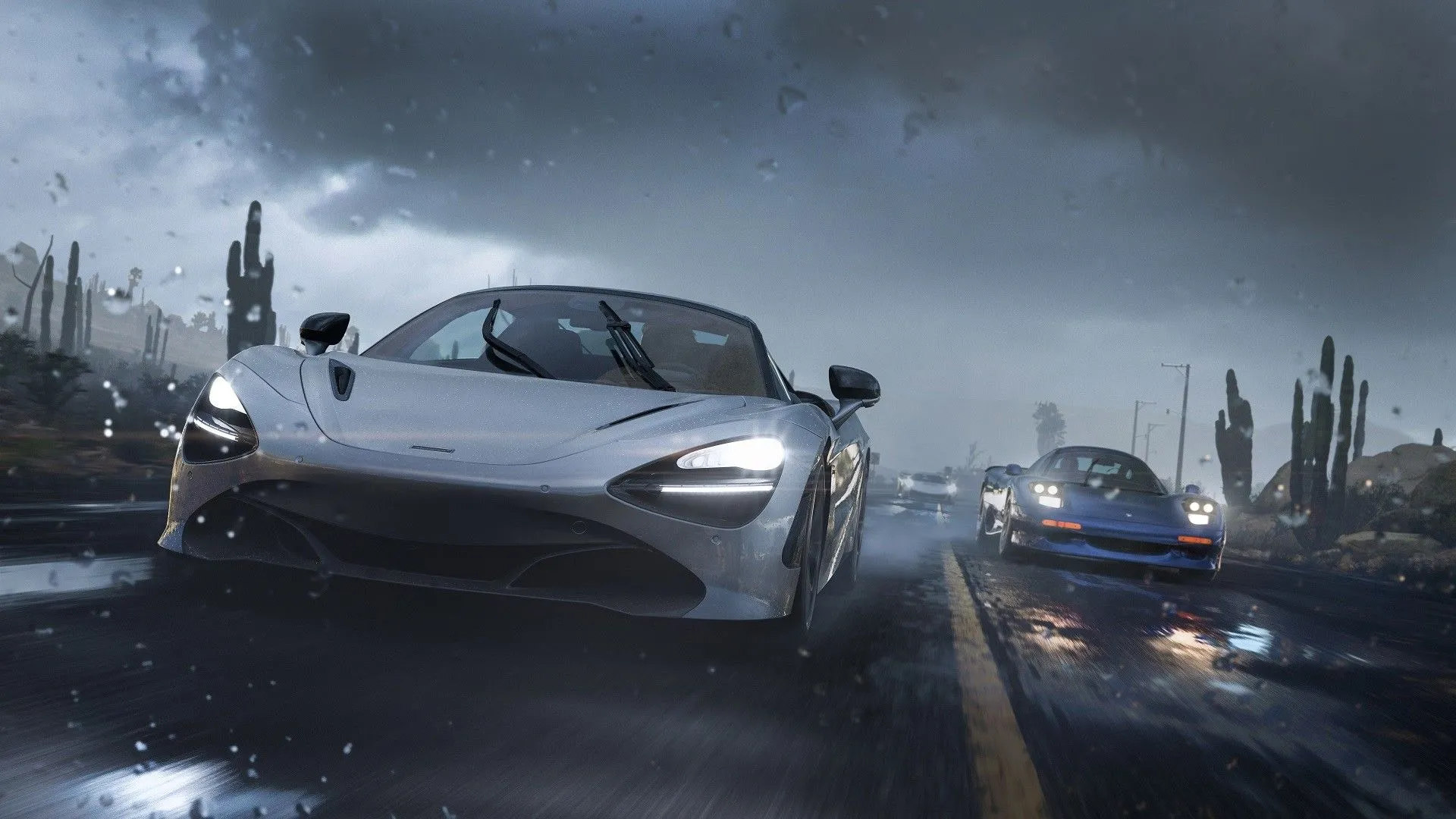 Cảnh đua xe đầy kịch tính trong Forza Horizon 5 với hiệu ứng mưa chân thực, chứng tỏ khả năng chơi game đồ họa cao trên Steam Deck.