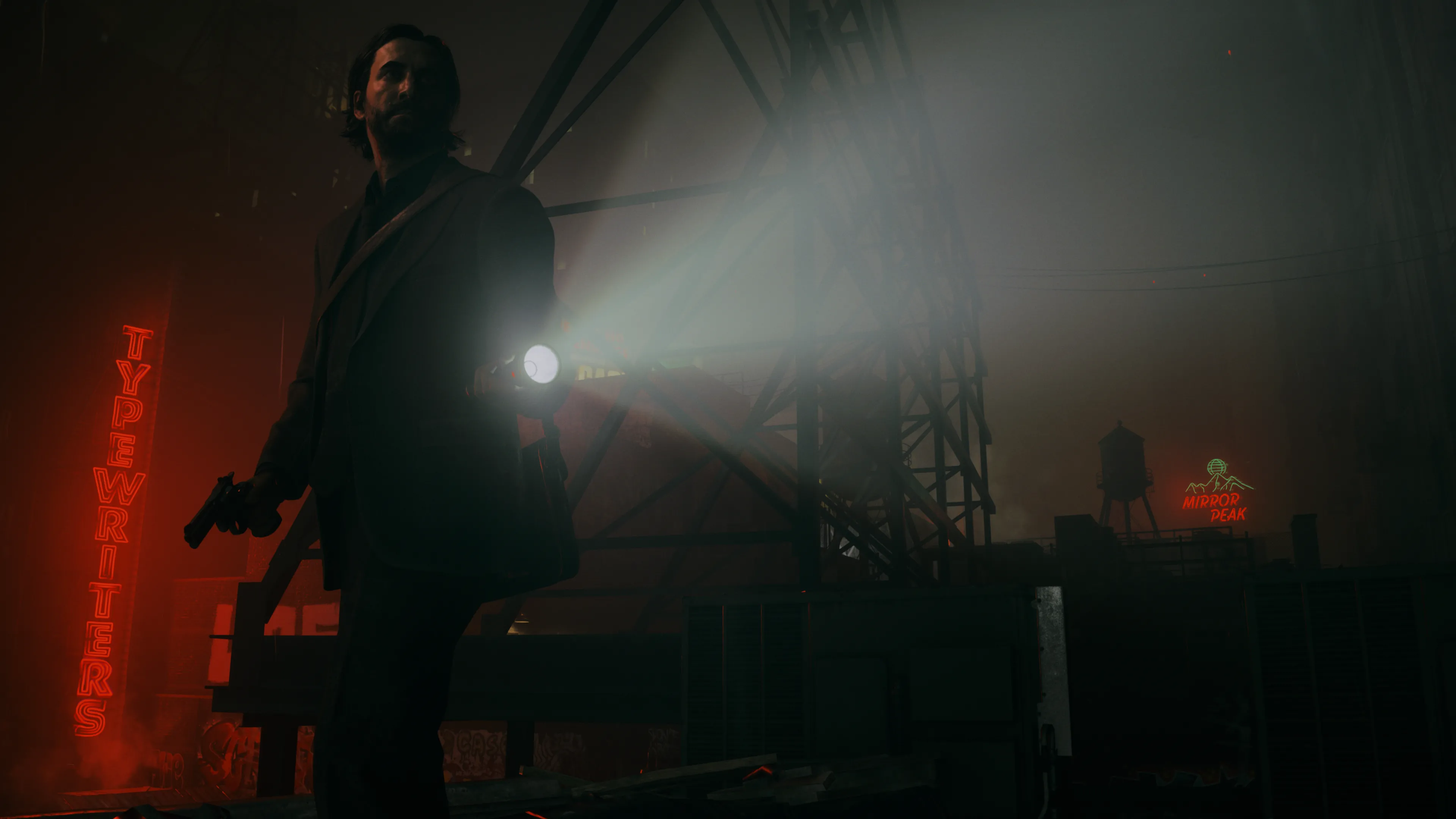 Cảnh game Alan Wake 2 với hiệu ứng ray tracing ấn tượng, mô phỏng đèn pin chiếu sáng trong bóng tối