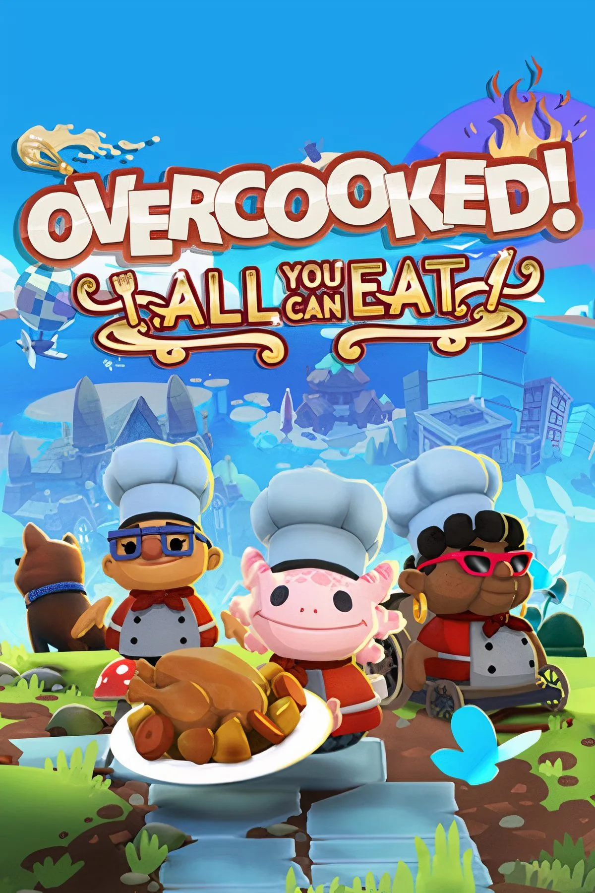 Cảnh game Overcooked All You Can Eat với nhiều đầu bếp đang tất bật trong một gian bếp hỗn loạn