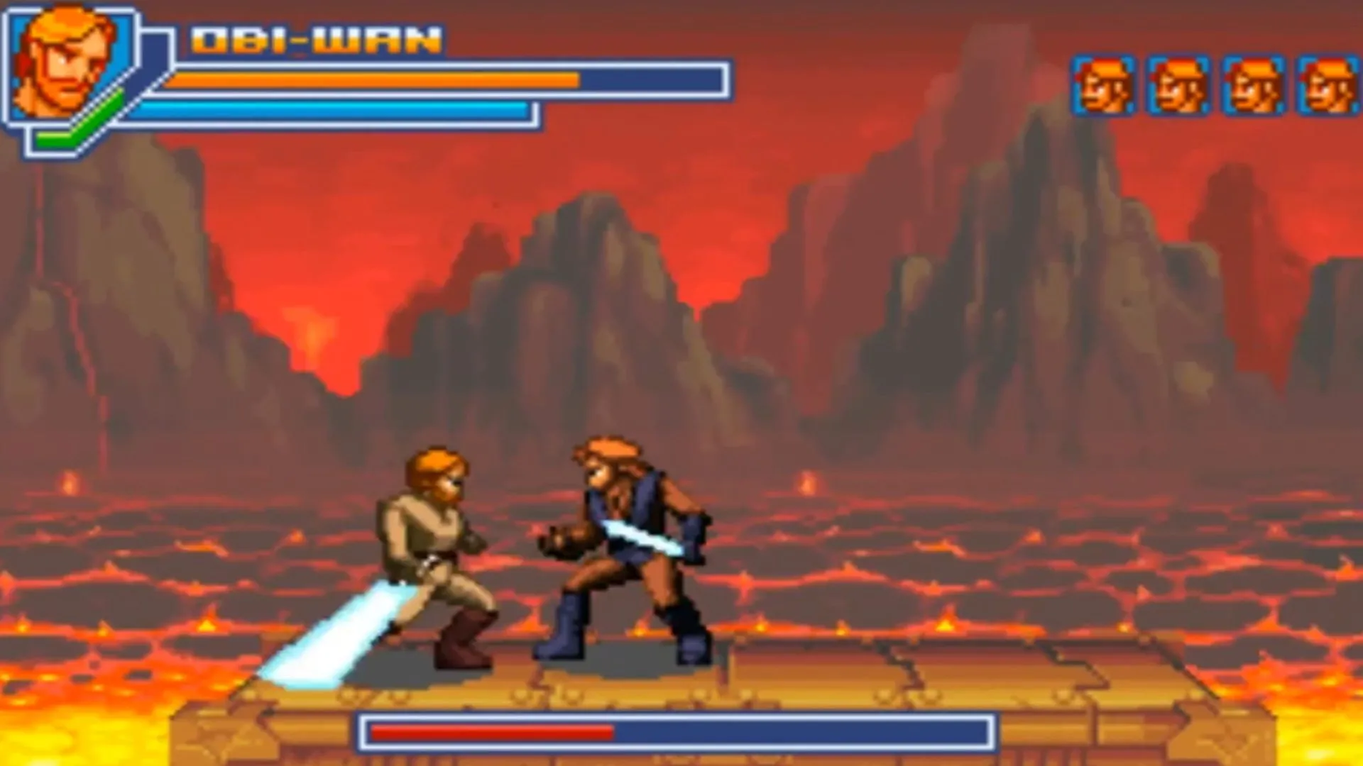Cảnh gameplay 2D từ Star Wars Episode 3: Revenge of the Sith trên GBA, thể hiện Obi-Wan Kenobi đang chiến đấu bằng kiếm ánh sáng.
