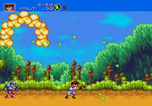 Cảnh gameplay bắn súng hành động tốc độ cao trong Gunstar Heroes, với vô số kẻ địch và hiệu ứng cháy nổ rực rỡ